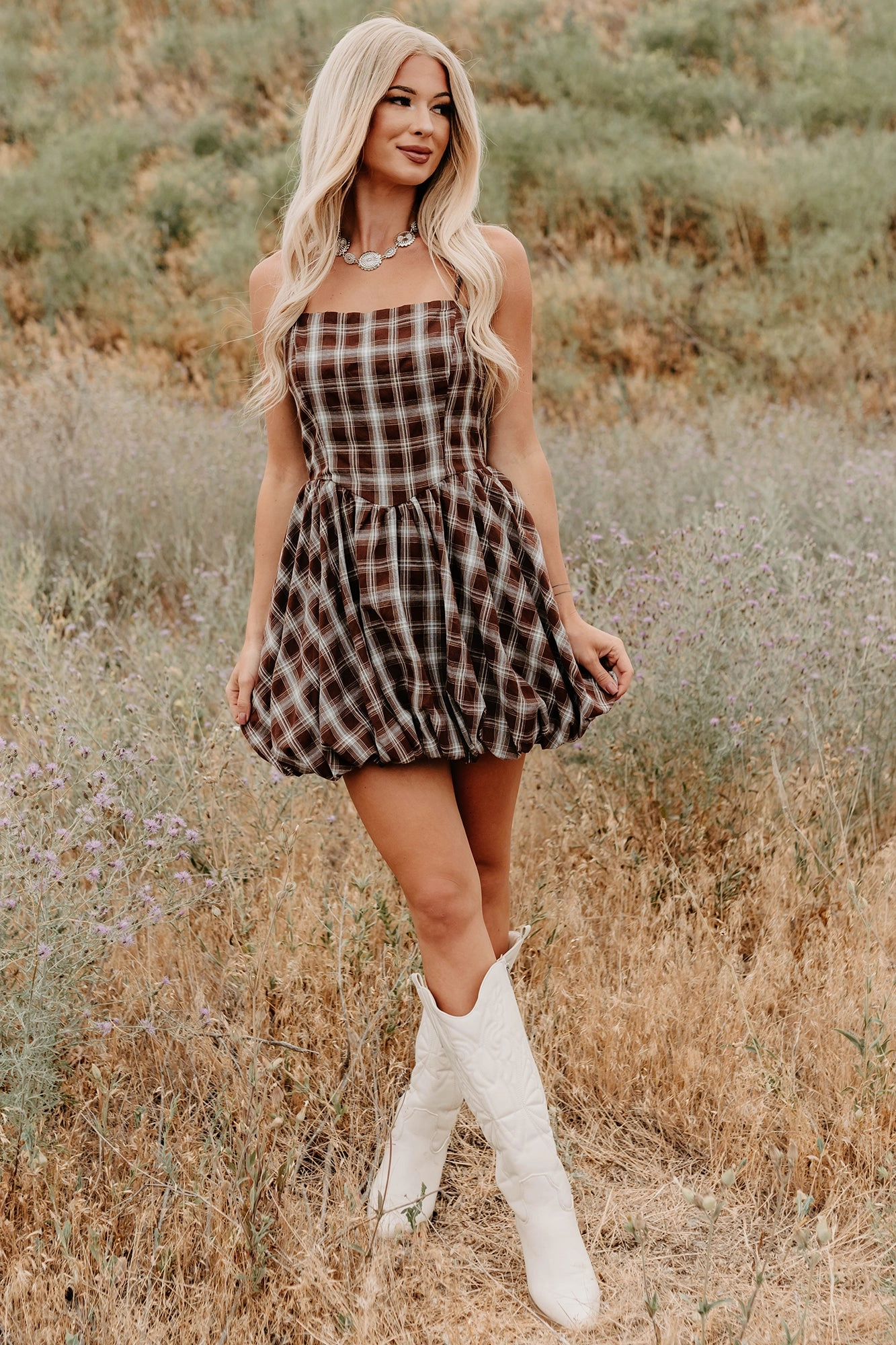 Plaid & Puff Bubble Hem Mini Dress (Brown) Trendy Fit Look