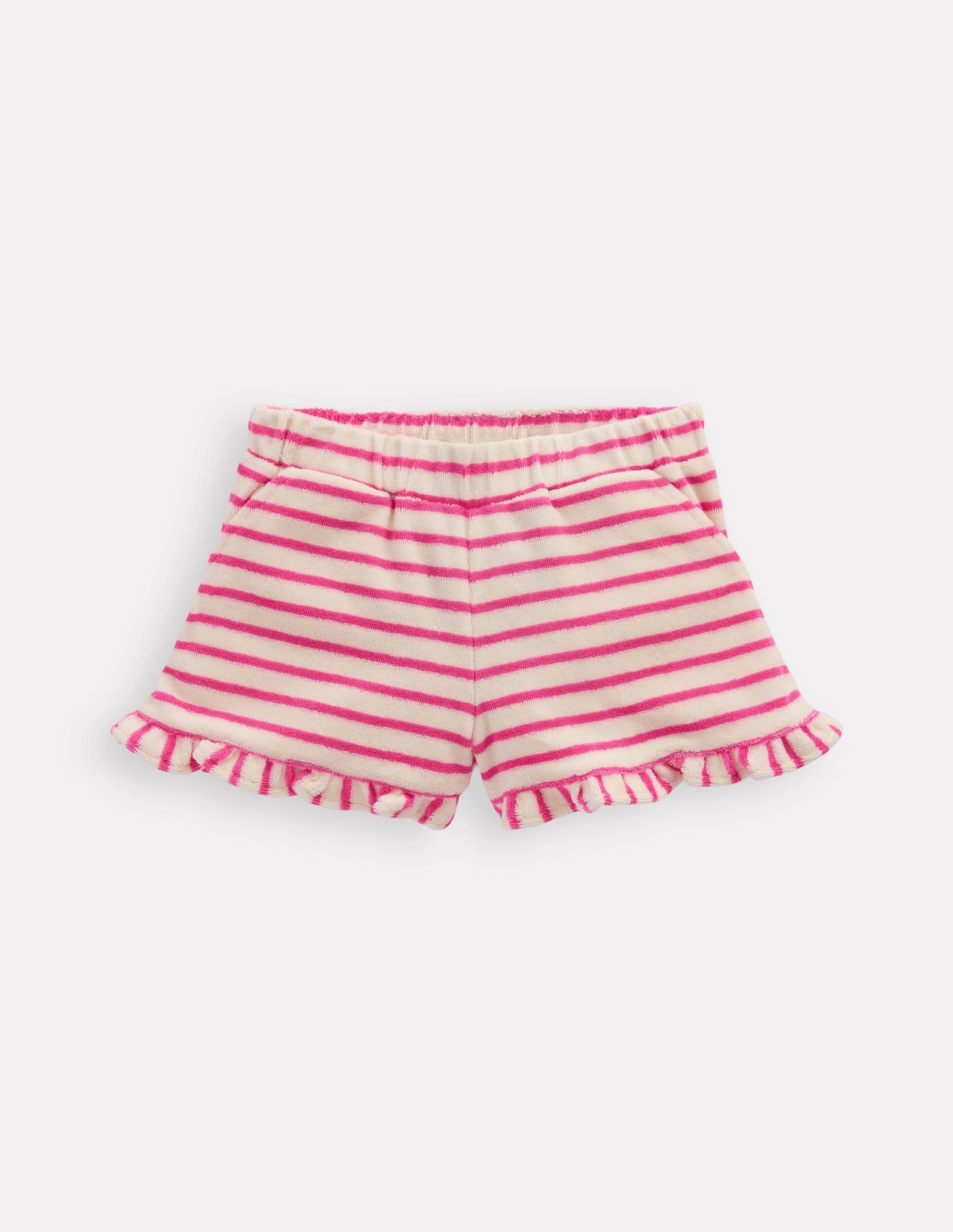 Sporty Casual Frill Hem Towelling Shorts-Sorbet Pink/ Ivory Stripe