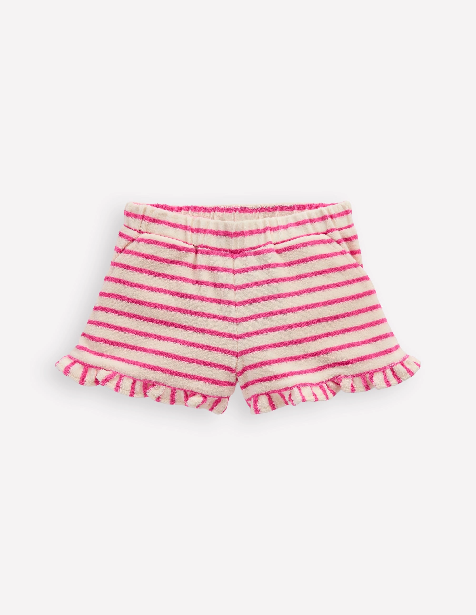 Frill Hem Towelling Shorts-Sorbet Pink/ Ivory Stripe Relaxed Look