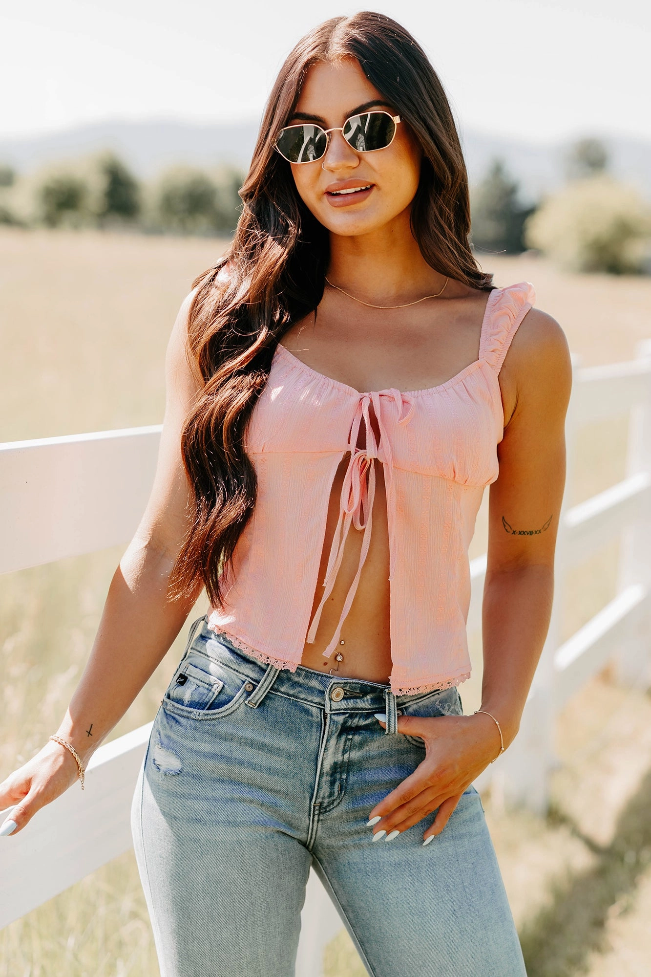 Feel The Rush Floral Tie-Front Top (Light Pink) RibbedTrims