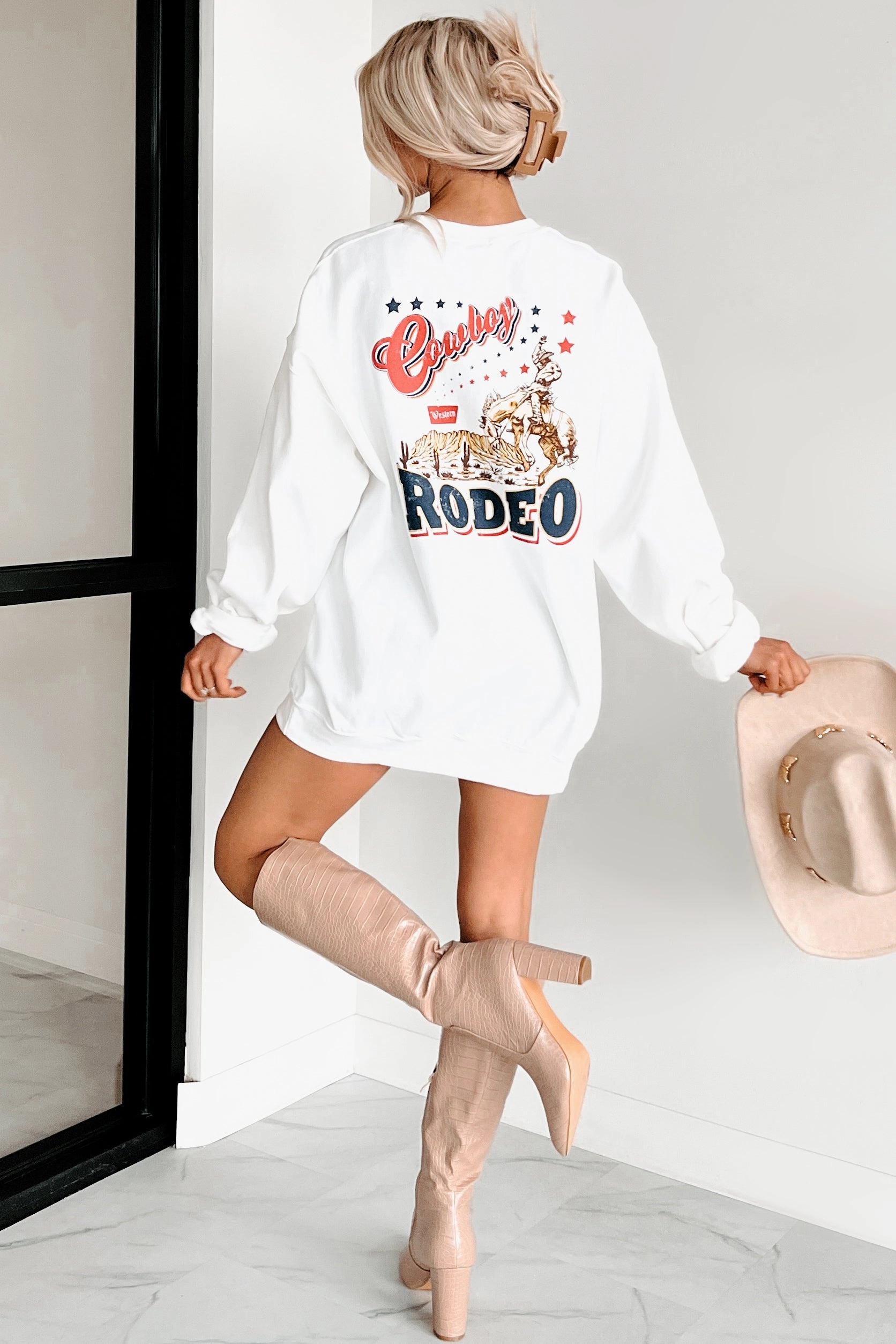 "Cowboy Rodeo" Double-Sided Graphic Sweatshirt (White) QuickDry Texture
