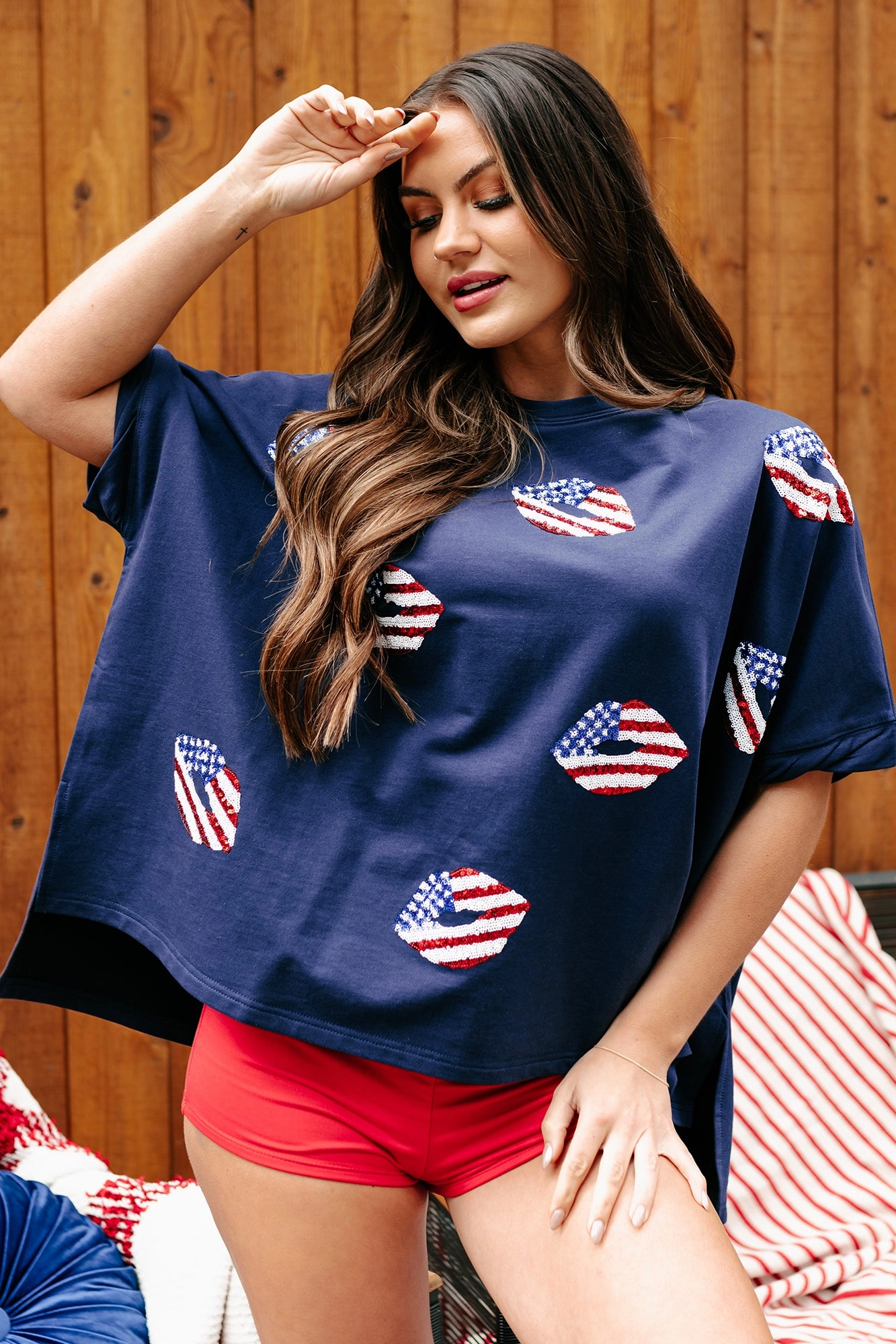 American Kisses Oversized Sequin Graphic Top (Navy) Built In Odor Control