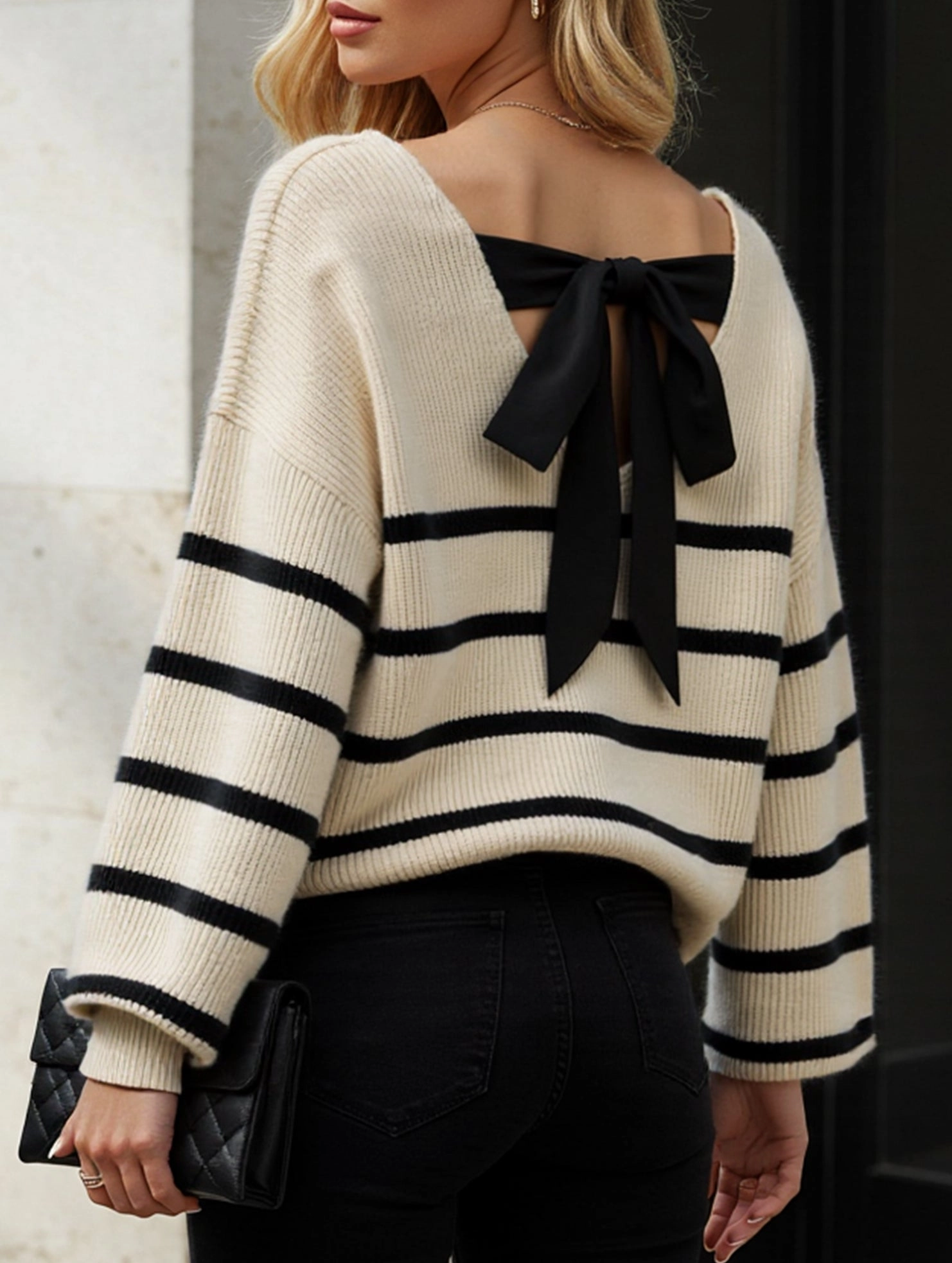 Striped contrast bow tie knit sweater Flattering Drape