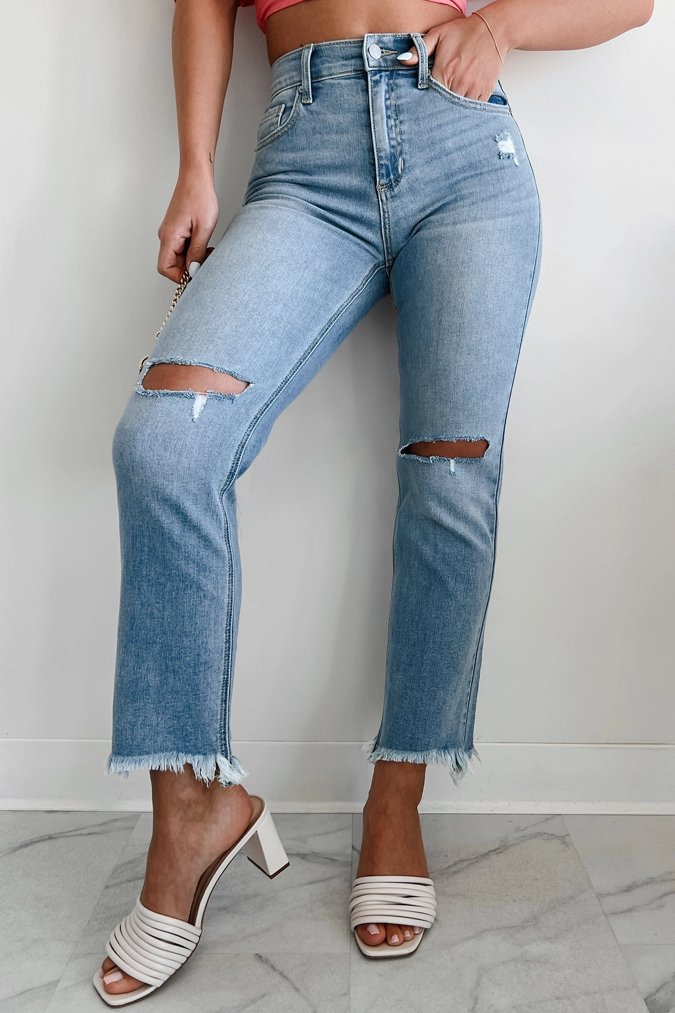 Effie High Rise Distressed Sneak Peek Straight Leg Jeans (Light) AdjustableDrawstring Smart Utility