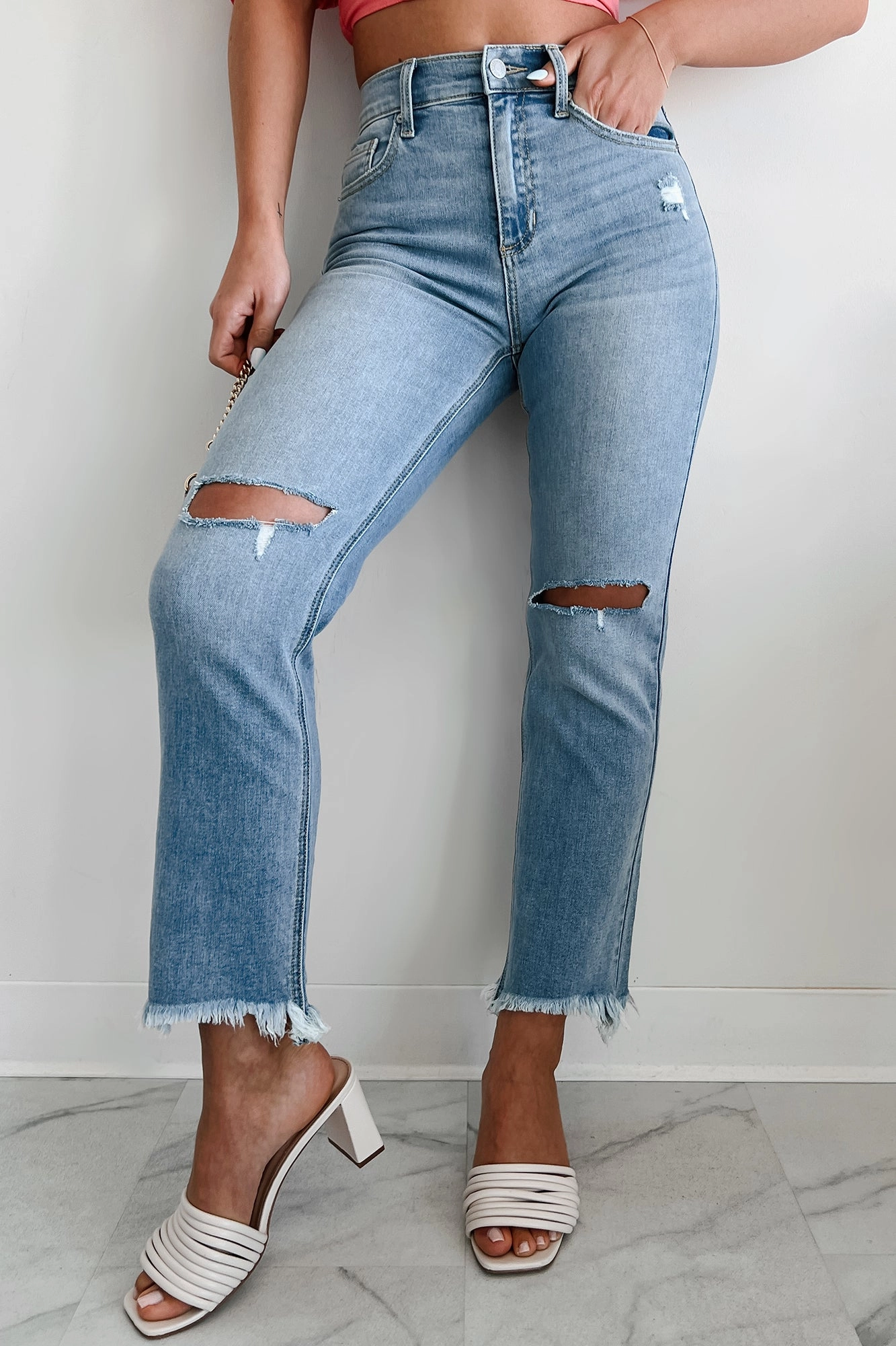 Effie High Rise Distressed Sneak Peek Straight Leg Jeans (Light) Daywear GussetedCrotch