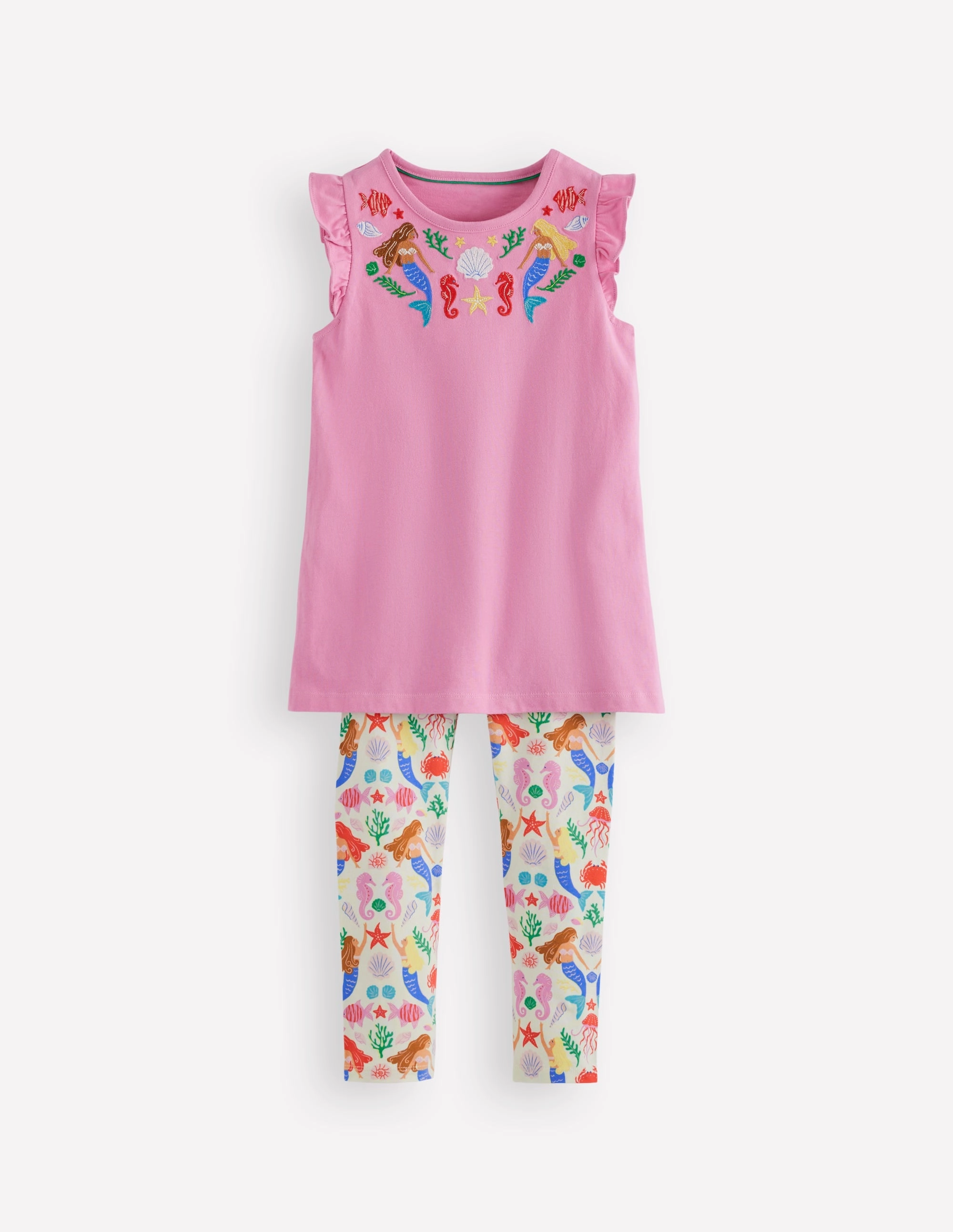 Frill Sleeve Tunic Set-Cosmos Pink Mermaids Flexible Material Reinforced Shoulder Seams