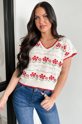 Knit To Perfection Floral Knit Sweater Vest (Ivory) Non Closure Collar