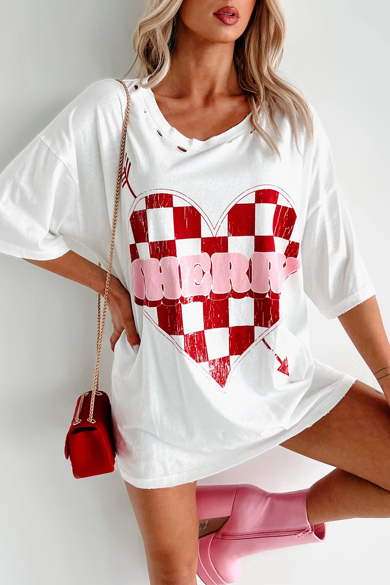 Unexpected Feelings Checker Heart Graphic Tee (Ivory) Thermal Insulation Layer