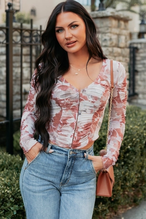 Stretch Fit Engineering Lasting Touch Long Sleeve Floral Top (Maroon)