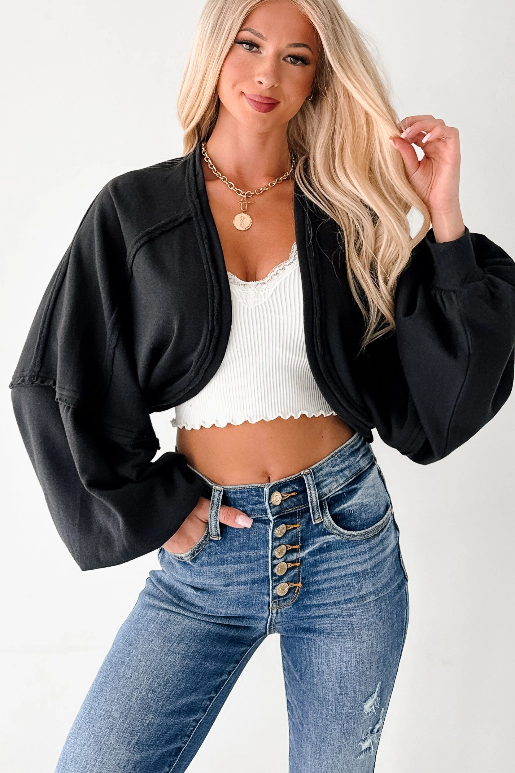 ArticulatedElbowShaping Lounge Language Signature 8 Puff Sleeve Bolero Shrug (Black)