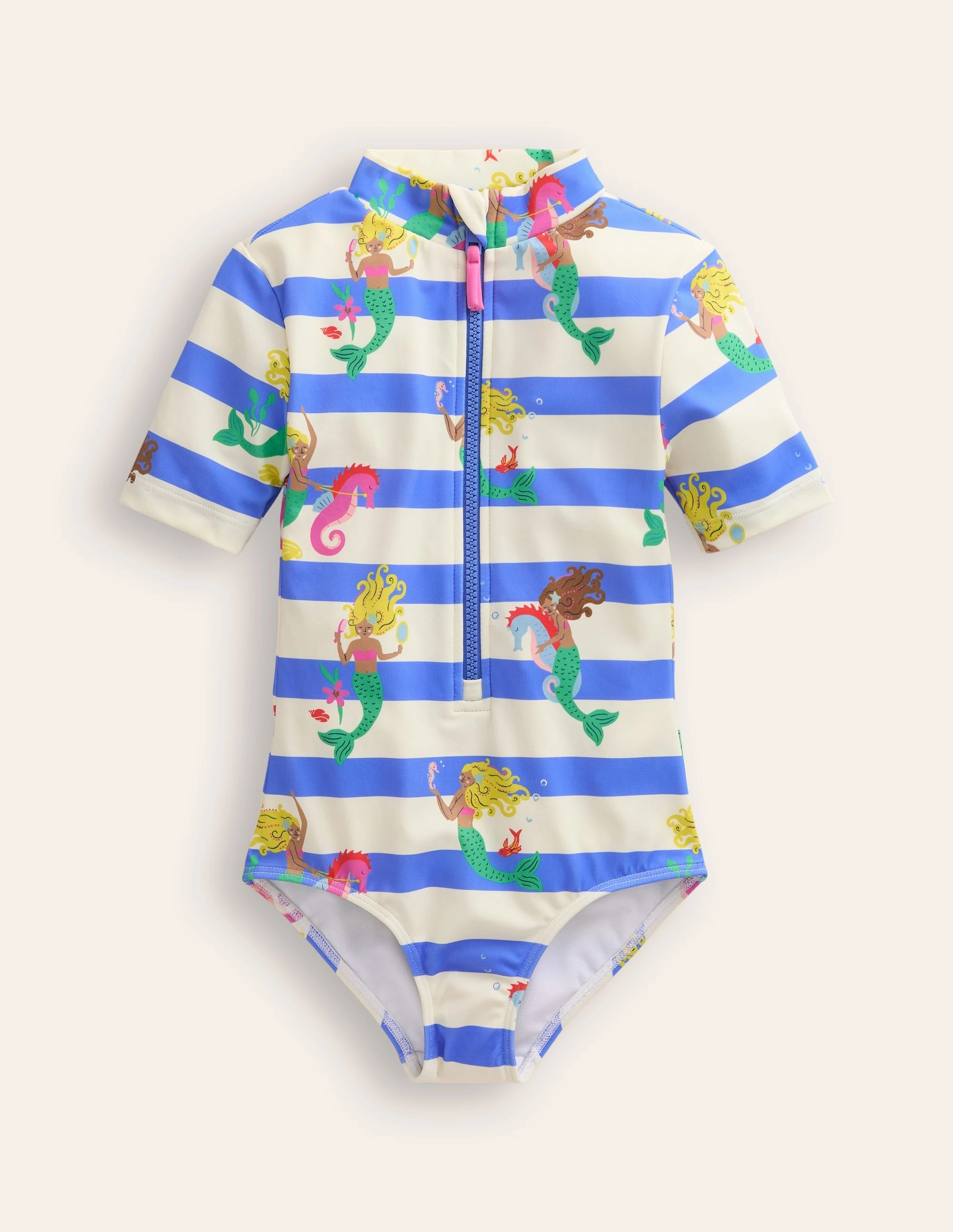 Short-sleeved Swimsuit-Surf Blue Mermaid Stripe Outdoor Swim Layering-Option