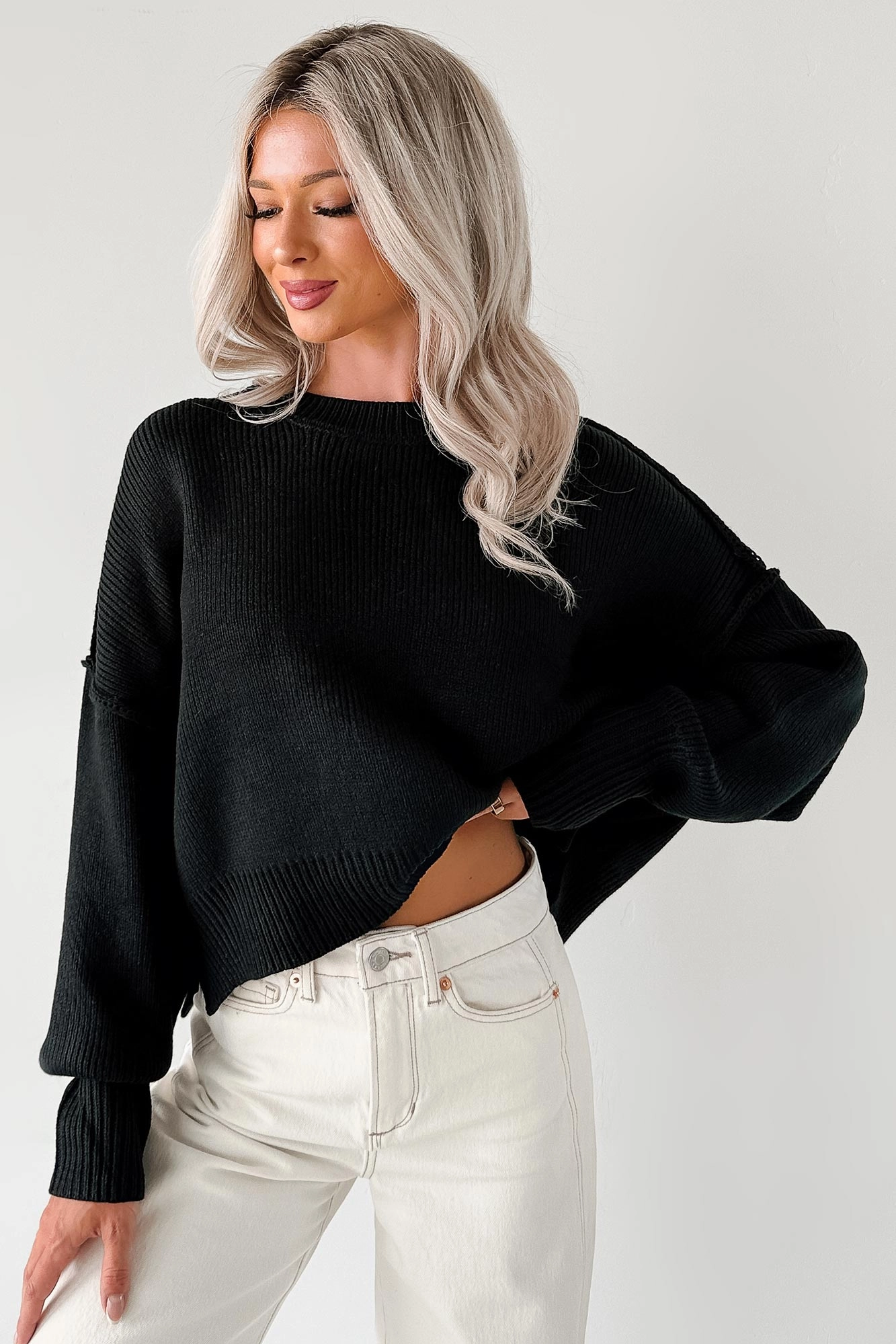DoubleStitched Hem FlexibleSole The Quiet After Ribbed Knit Crop Sweater (Black)