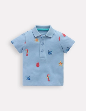 Layered Collar Embroidered Polo-Glacier Blue