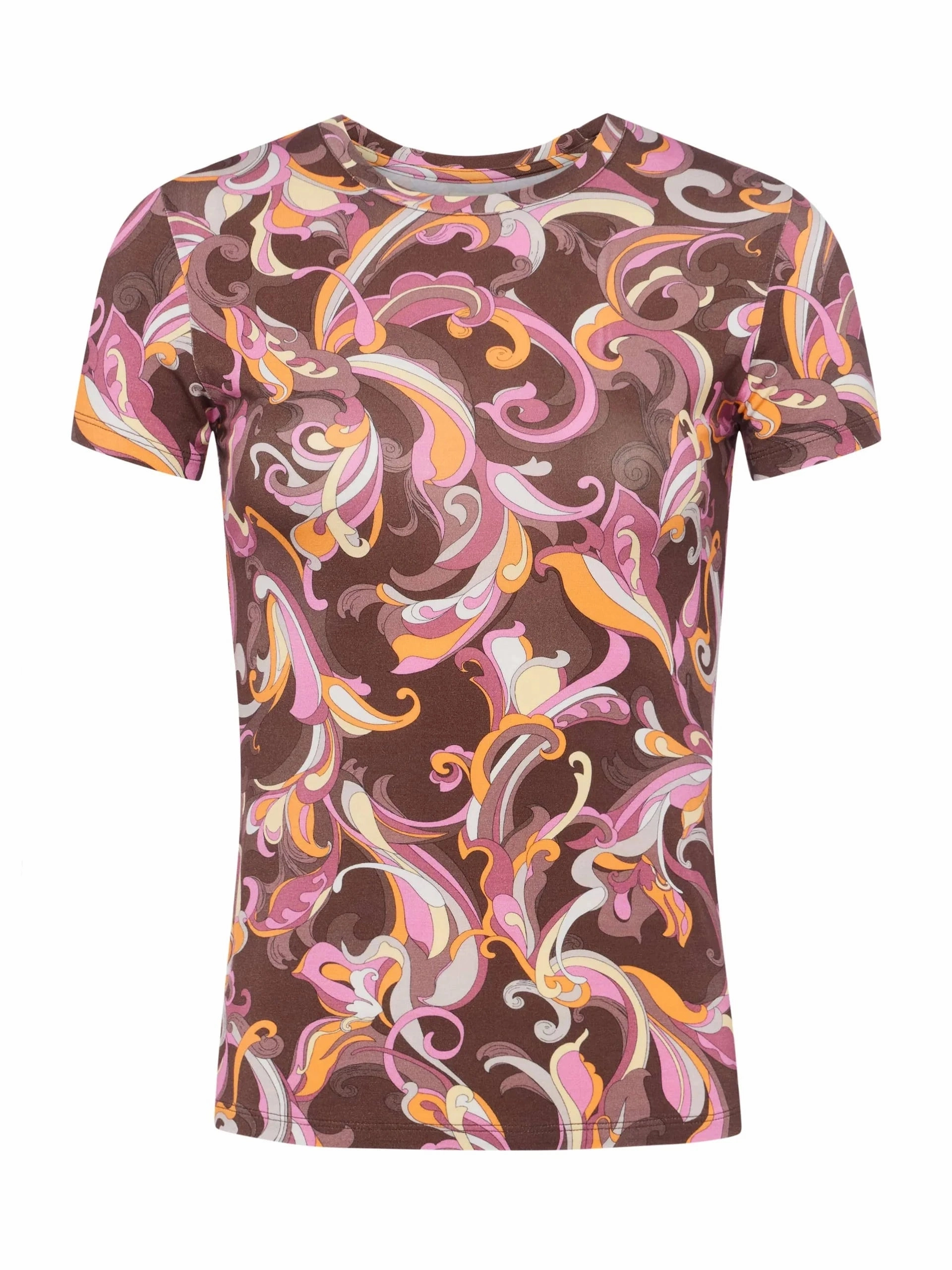 Ressi Fitted Tee Brown/ Pink Abstract Paisley QuickReleaseFastenings Flexible Knit Blend