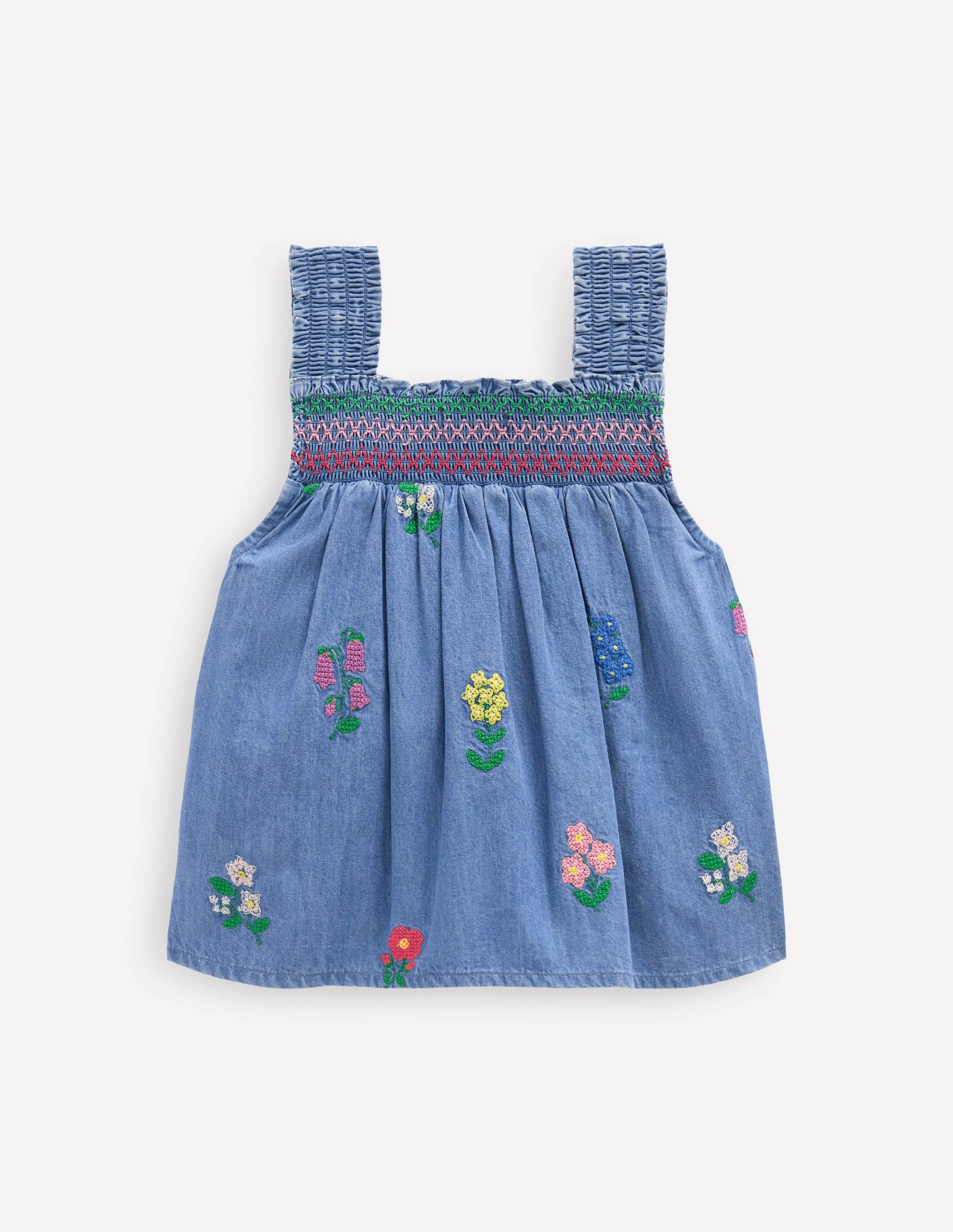 Anti Odor Finish Smocked Woven Top-Chambray Cross Stitch Flowers