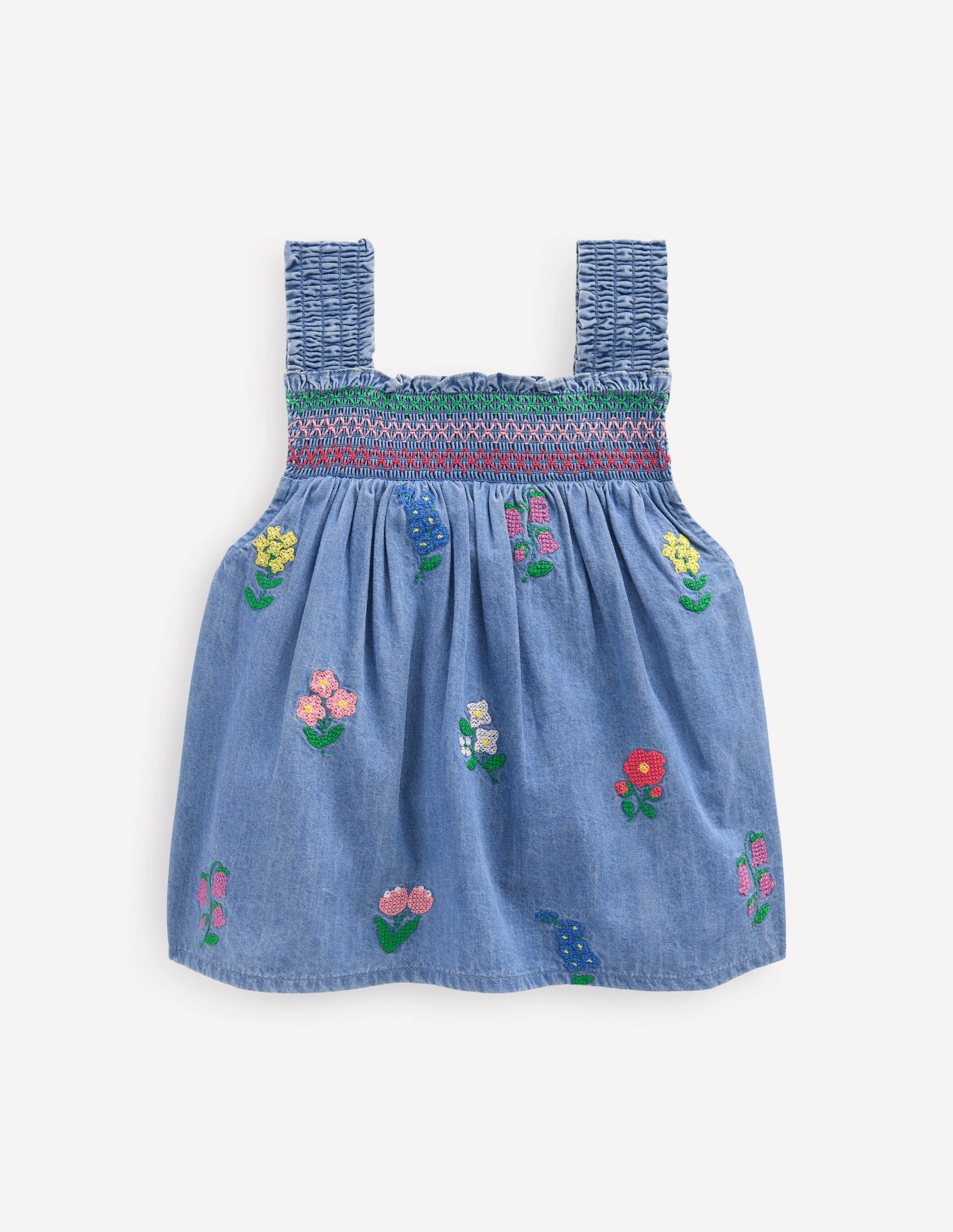 Classic Crew Neck Smocked Woven Top-Chambray Cross Stitch Flowers