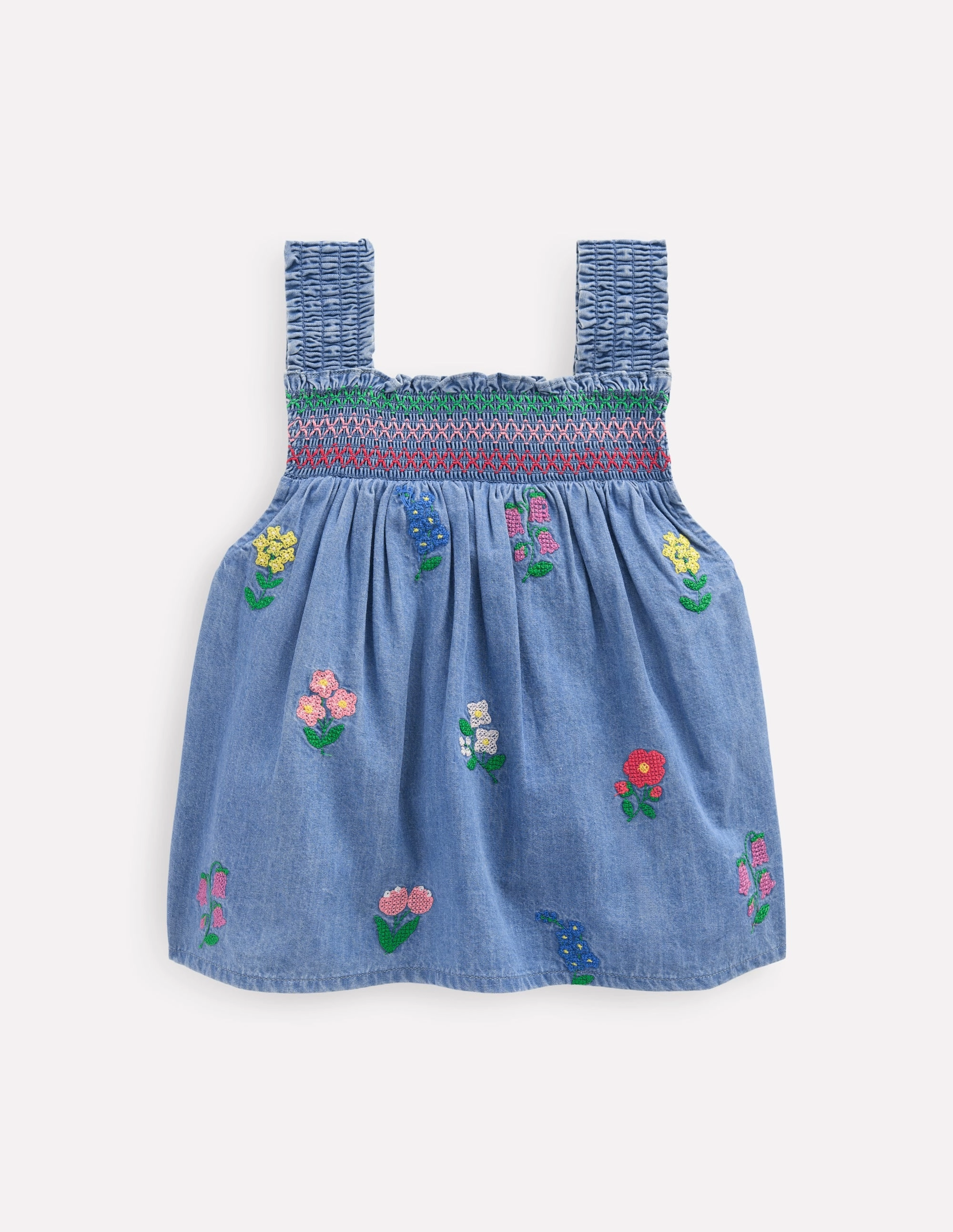 Smocked Woven Top-Chambray Cross Stitch Flowers Ribbed Knit Fabric HypoallergenicMaterial