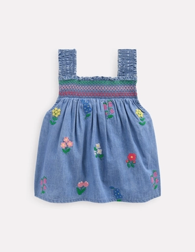 Classic Crew Neck Smocked Woven Top-Chambray Cross Stitch Flowers