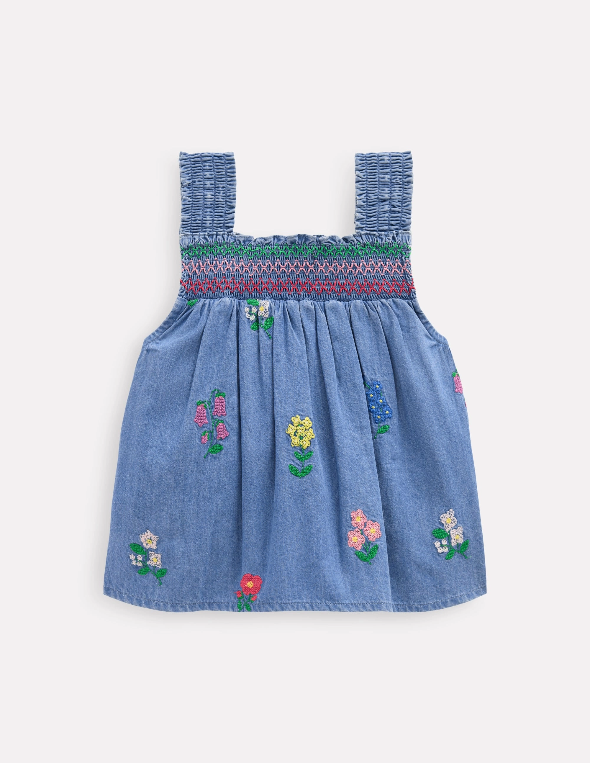 Smocked Woven Top-Chambray Cross Stitch Flowers Airflow Ventilation
