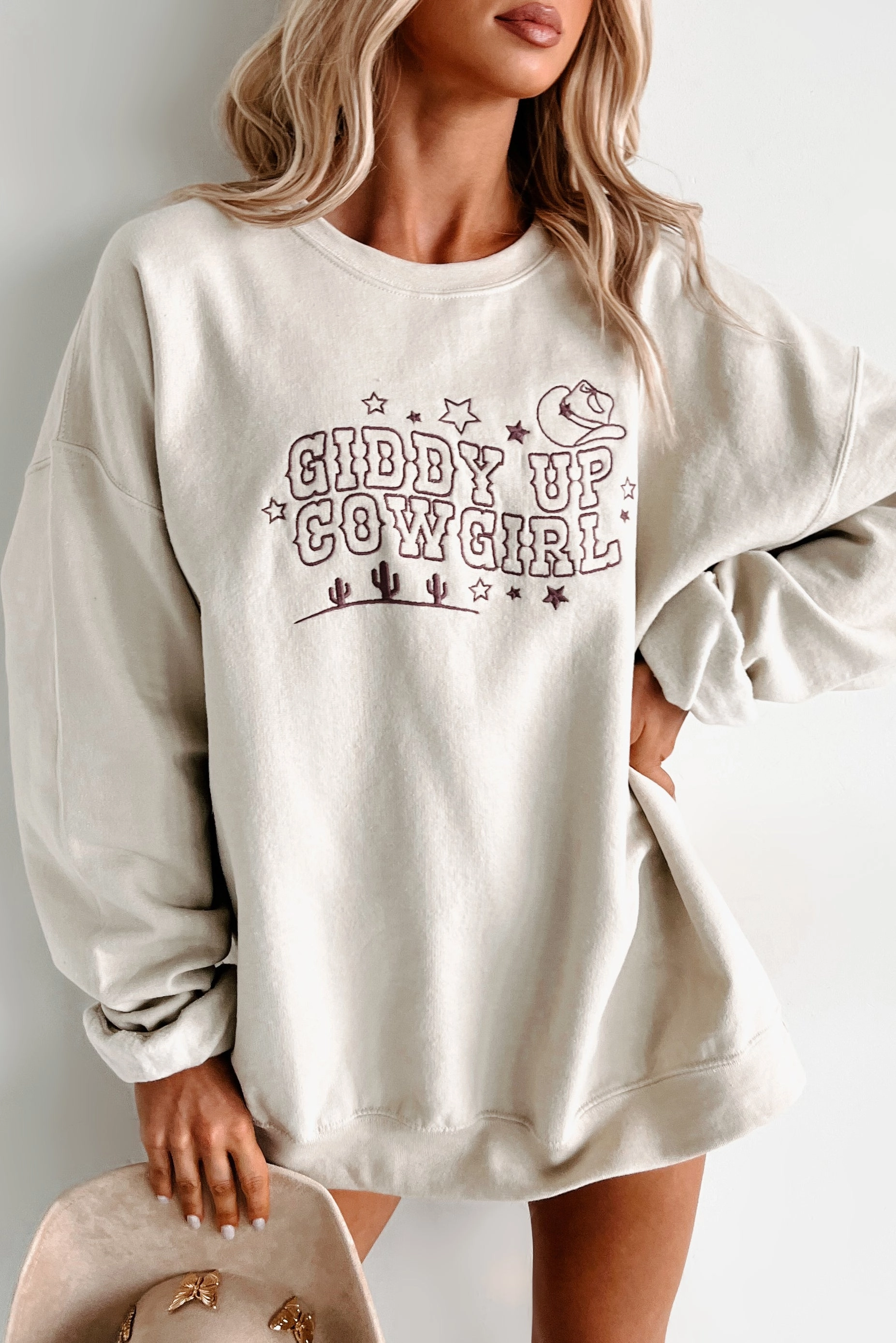 "Giddy Up Cowgirl" Embroidered Graphic Sweatshirt (Sand) NoSlip Grip Antistatic