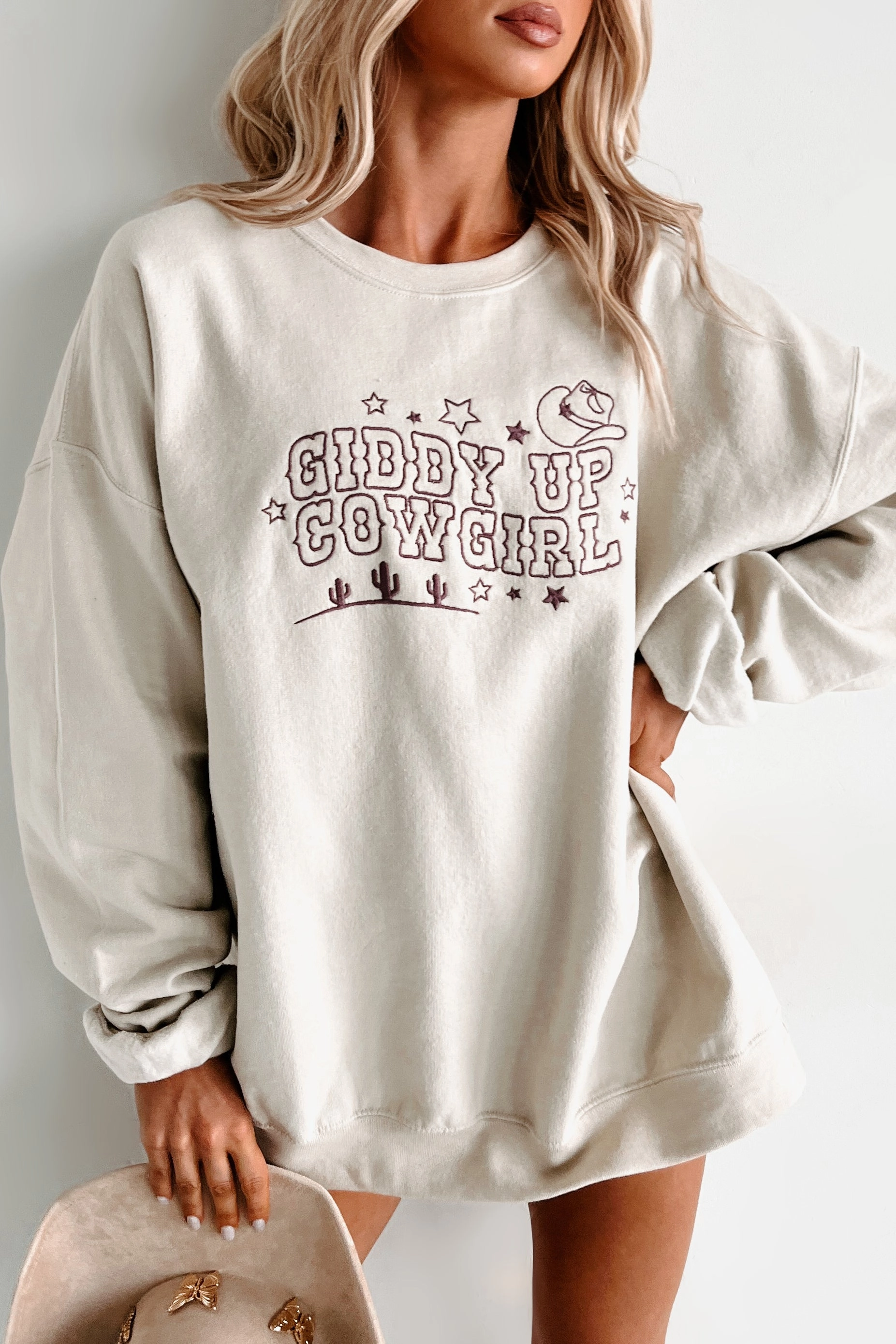"Giddy Up Cowgirl" Embroidered Graphic Sweatshirt (Sand) Double Needle Hemming Easy Wear