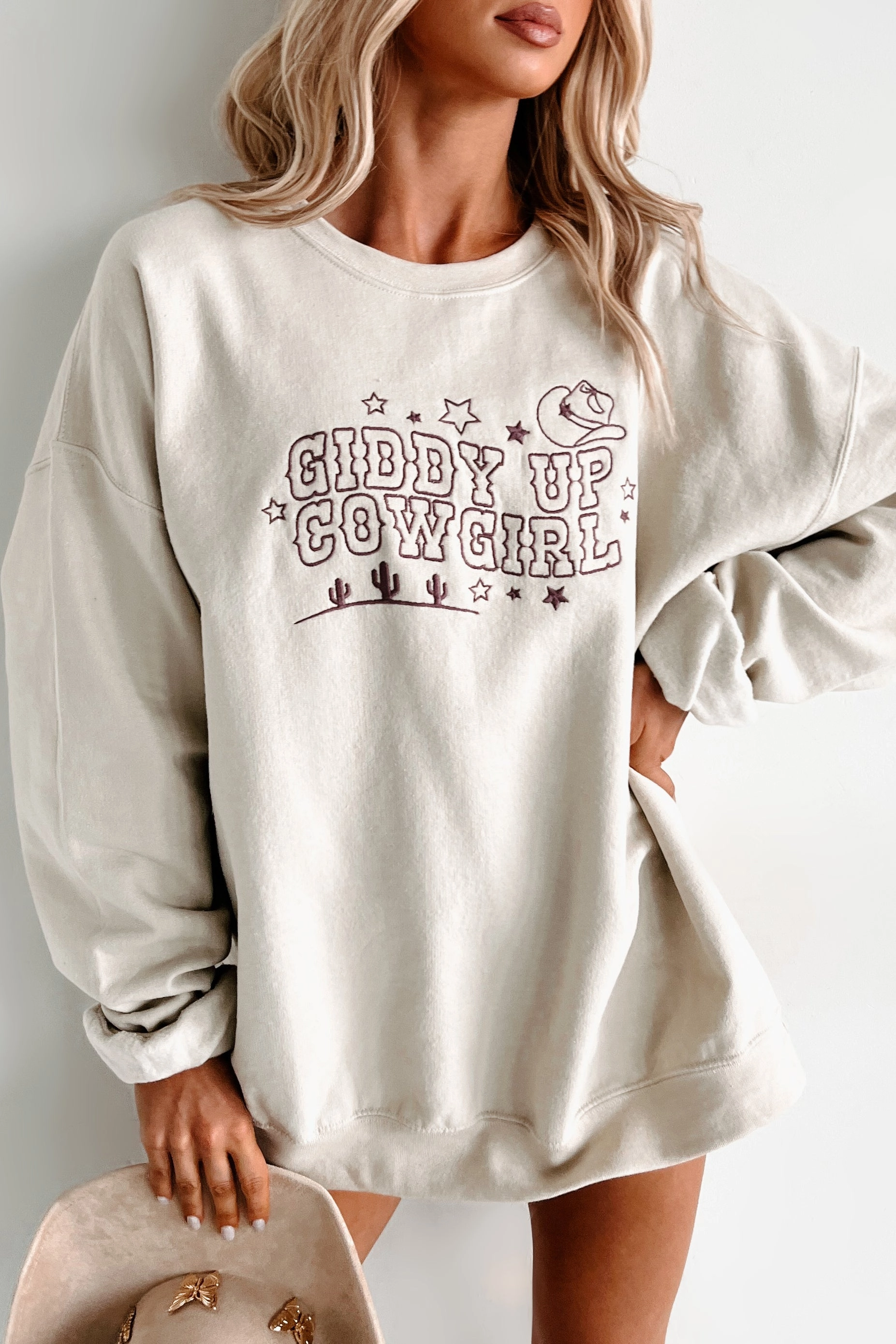 "Giddy Up Cowgirl" Embroidered Graphic Sweatshirt (Sand) Quick Dry Technology
