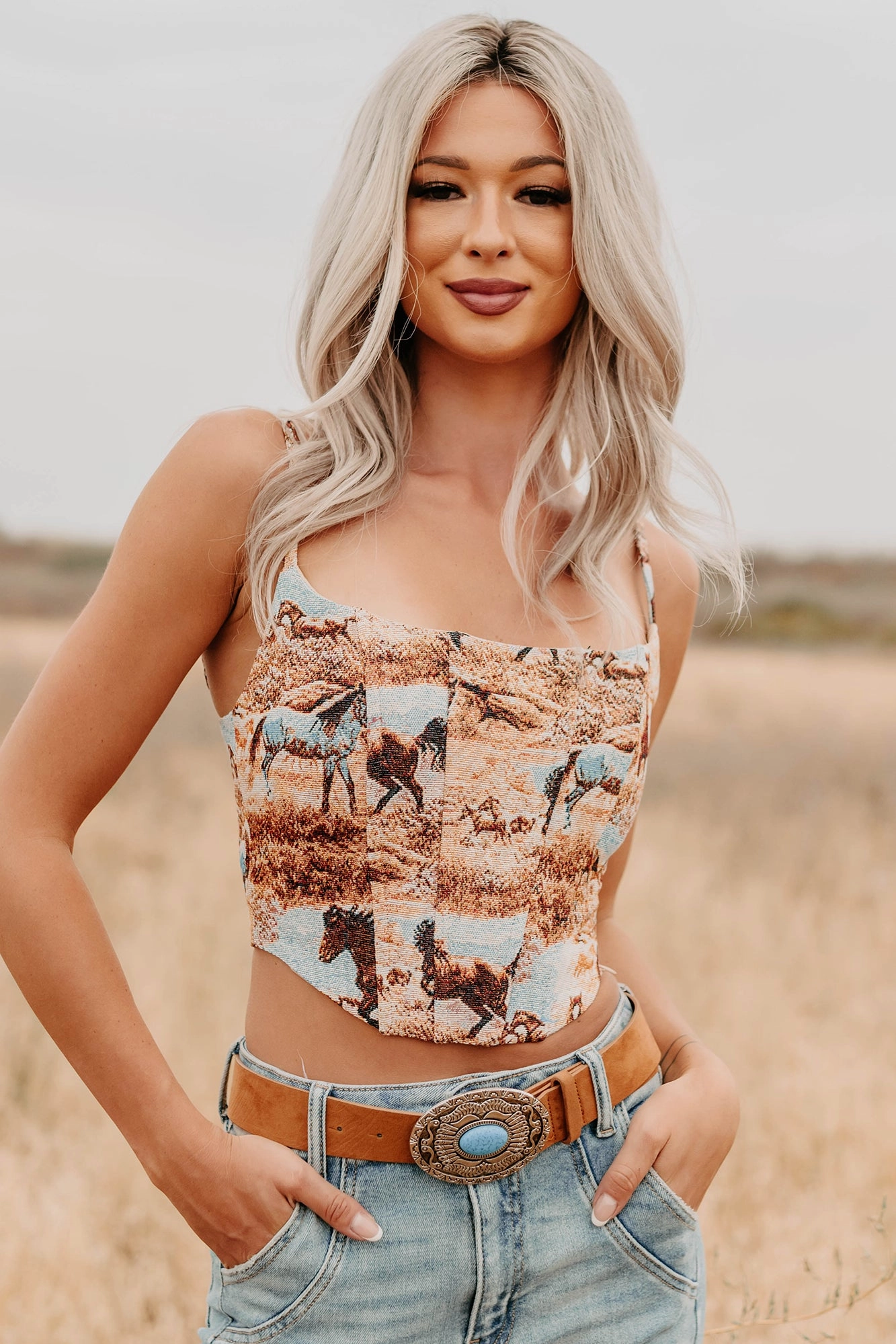 Buckle Bunny Sleeveless Western Print Crop Top (Multi) - Ships By 10/8 Button Down Collar
