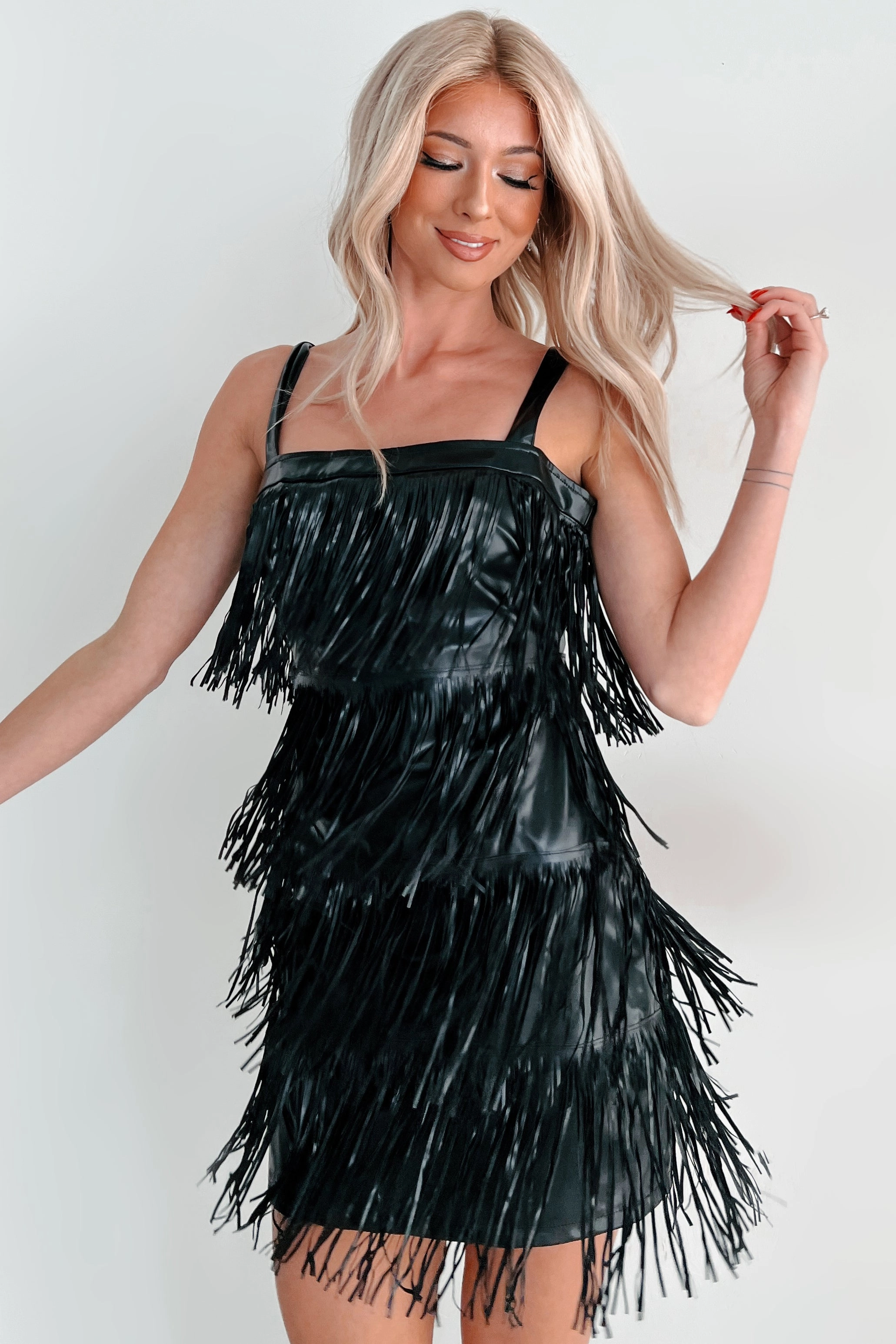 Vibrant Aesthetic Front-Slit Edgy Excellence Faux Leather Fringe Dress (Black)