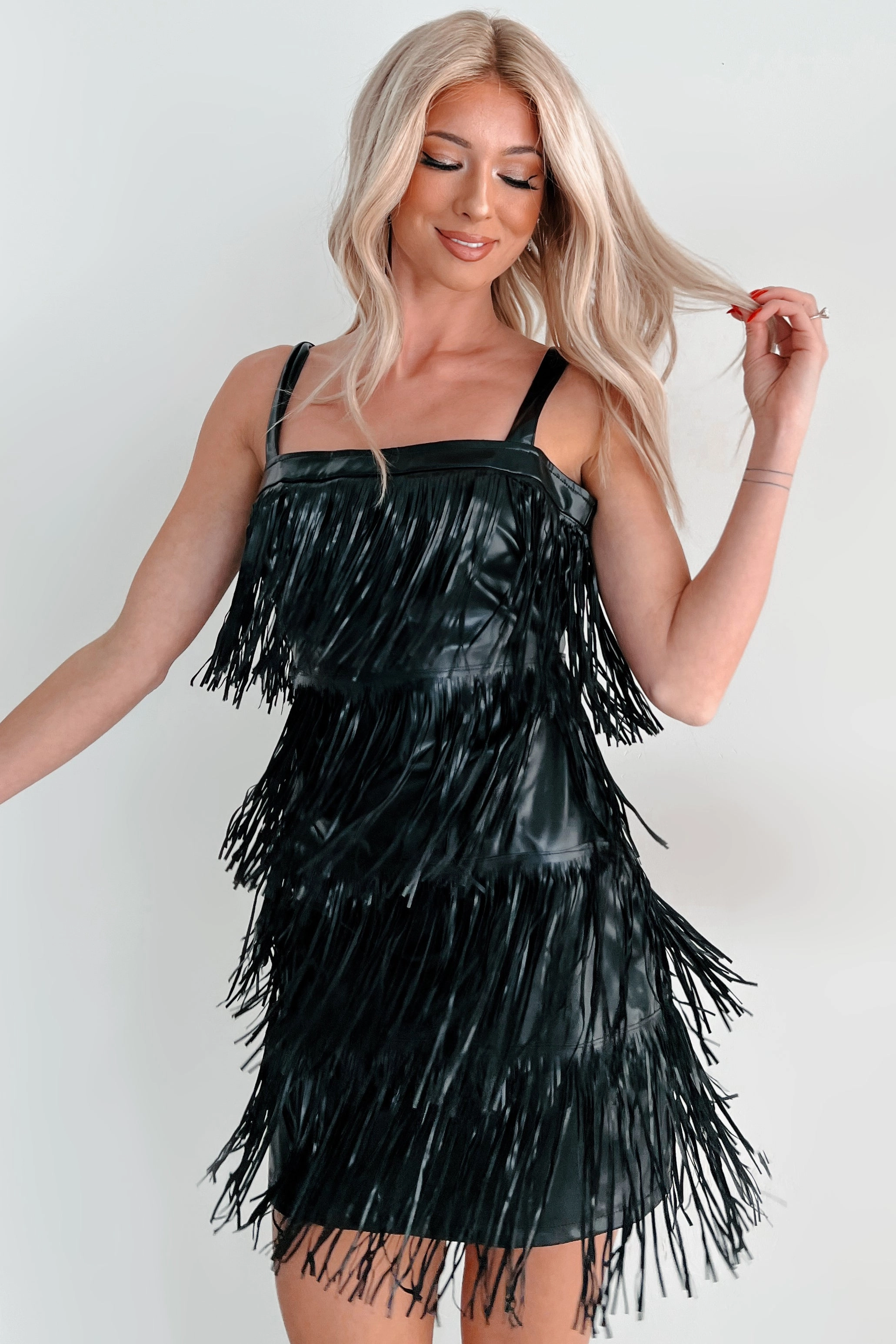 Timeless Shape Versatile Comfort Edgy Excellence Faux Leather Fringe Dress (Black)