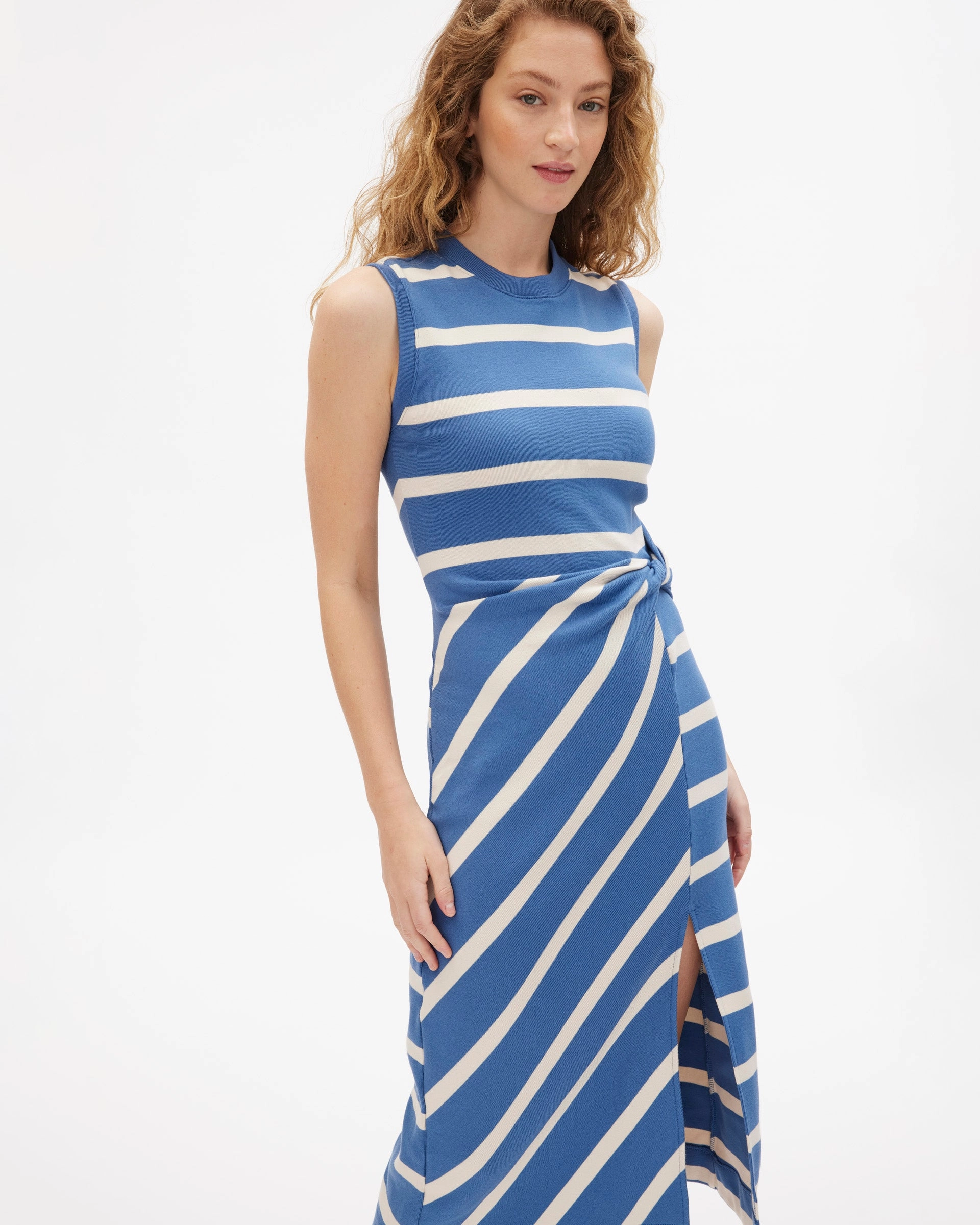 Sleeveless Striped Cody Dress Figure-Skimming ruffle trim