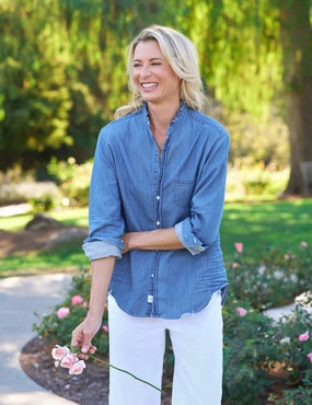 Eileen Ruffle Relaxed Button-Up Shirt Vintage Stonewashed Indigo Snag Proof Weave