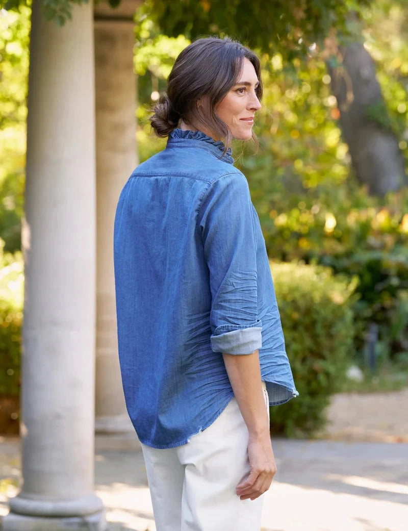 Airflow Mesh Panel MinimalistAesthetic Eileen Ruffle Relaxed Button-Up Shirt Vintage Stonewashed Indigo