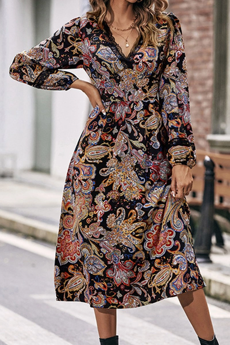 Shine Moment WOMEN LACE TRIM V NECK LONG SLEEVE BOHO DRESS