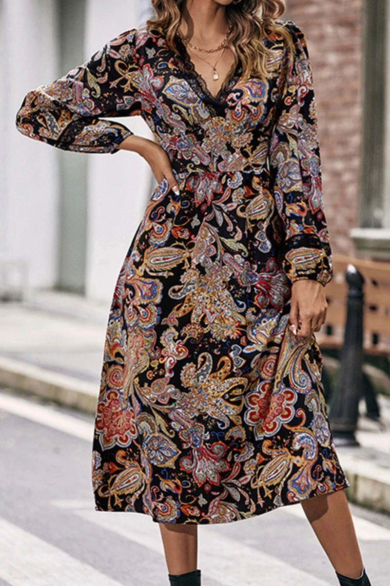 Timeless Style Wear WOMEN LACE TRIM V NECK LONG SLEEVE BOHO DRESS