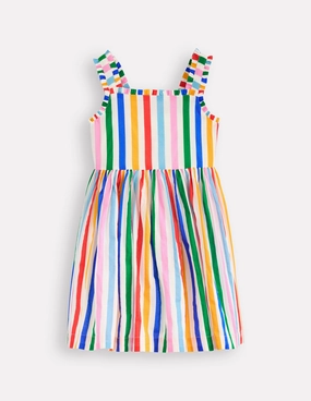Luna Frill Strap Woven Dress-Multi Rainbow Stripe Casual Chic Wear Art-Gallery