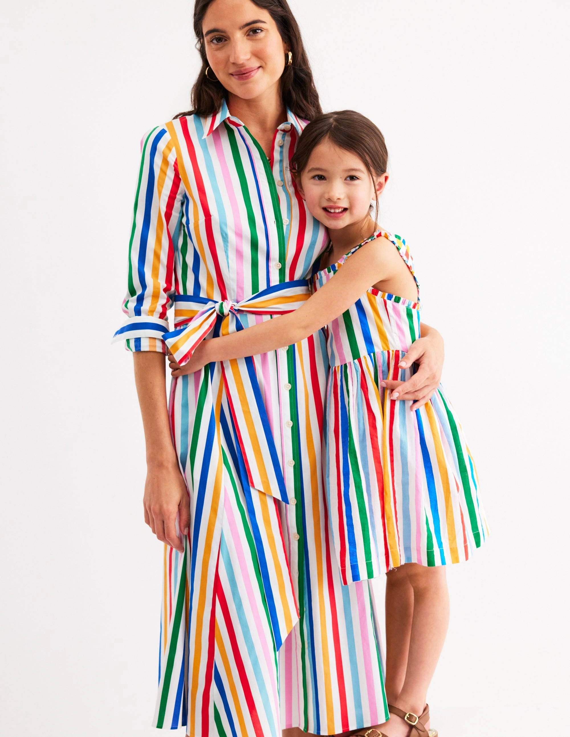 Luna Frill Strap Woven Dress-Multi Rainbow Stripe Calm Silhouette