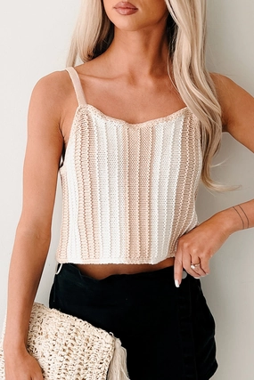 Electric Attraction Striped Crochet Tank Top (Taupe) MoistureWickingTechnology UPFProtection