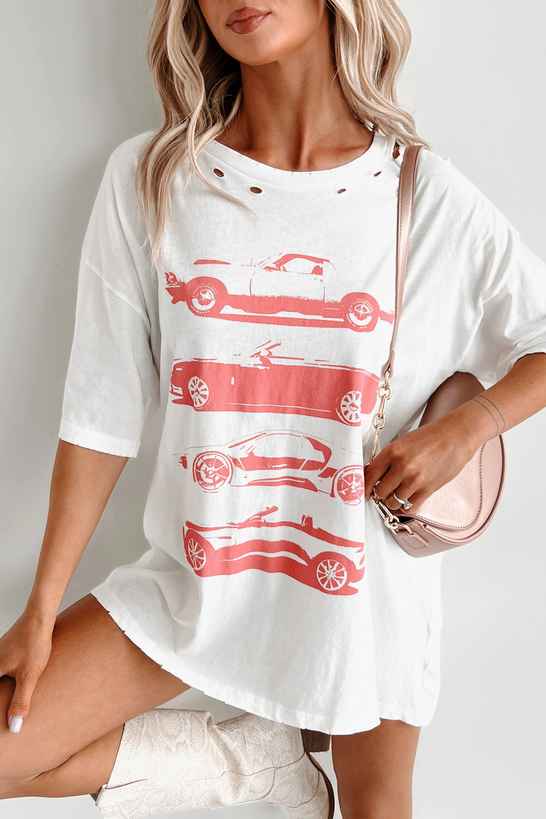 My Car Crush Oversized Distressed Graphic Tee (Ivory) Ribbed Hem Finish ContrastTipping