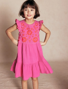 Tiered Doublecloth Dress-Sorbet Pink Embroidered Casual event outfit Easy Match