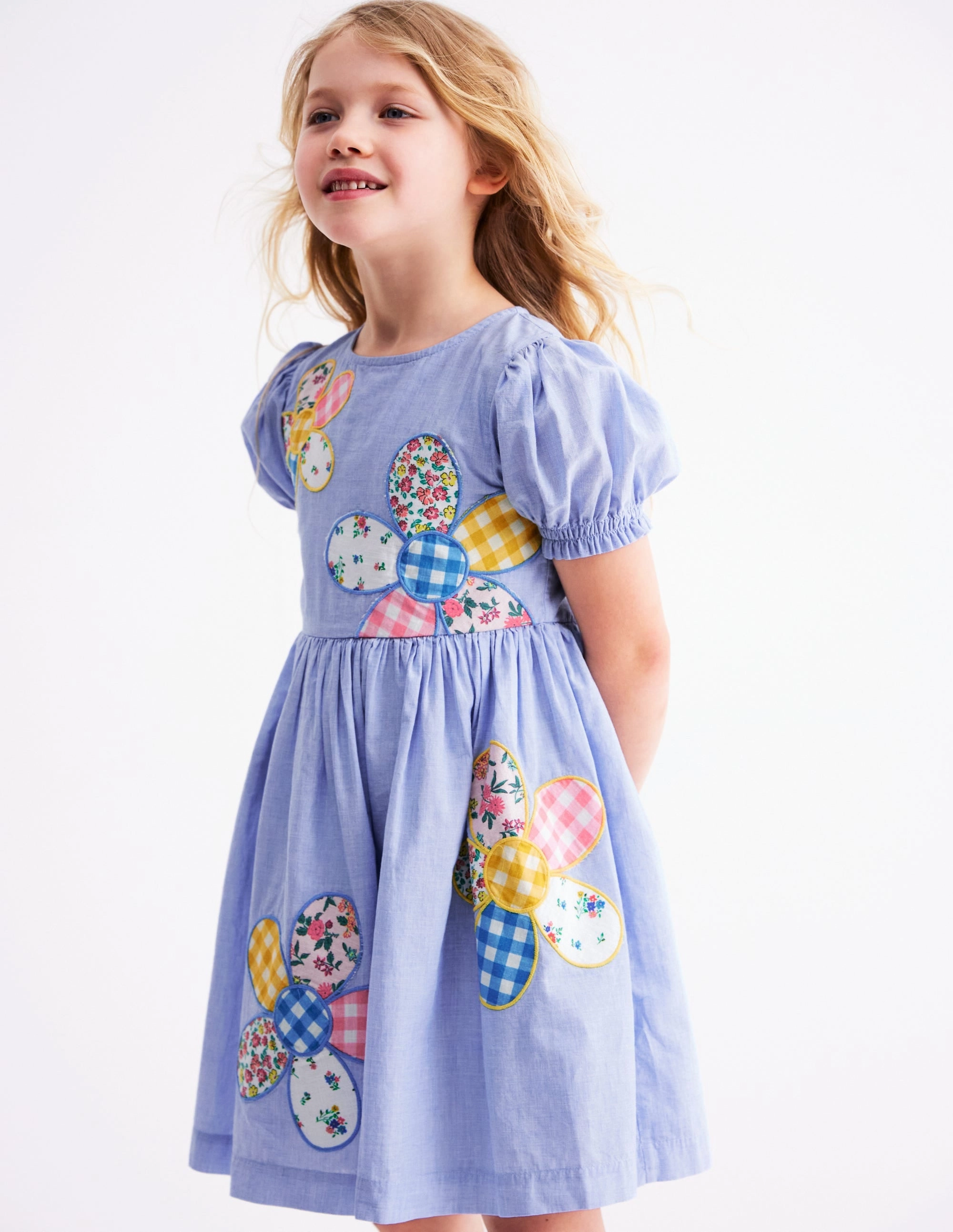 Pearl-Detail Madeline Woven Dress-Floral Patchwork Applique