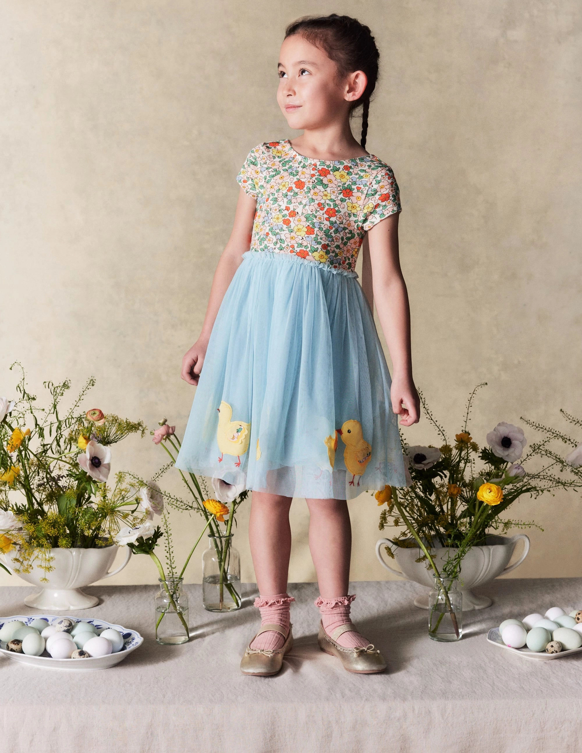 Ami Applique Tulle Dress-Pale Blue Chicks High-Neck Slender Look