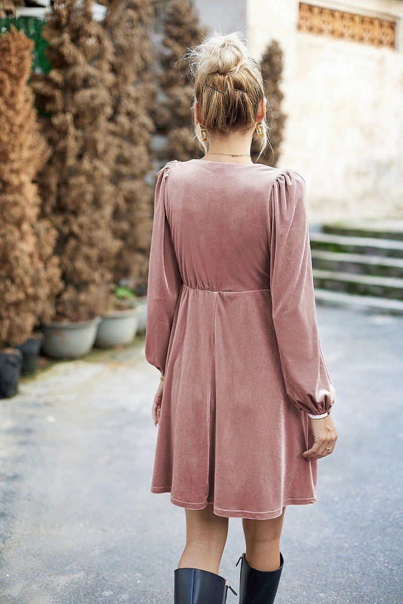 Quiet Glow Cozy Style VELVET SQUARE NECK FLUTTER PUFF SLEEVE DRESS