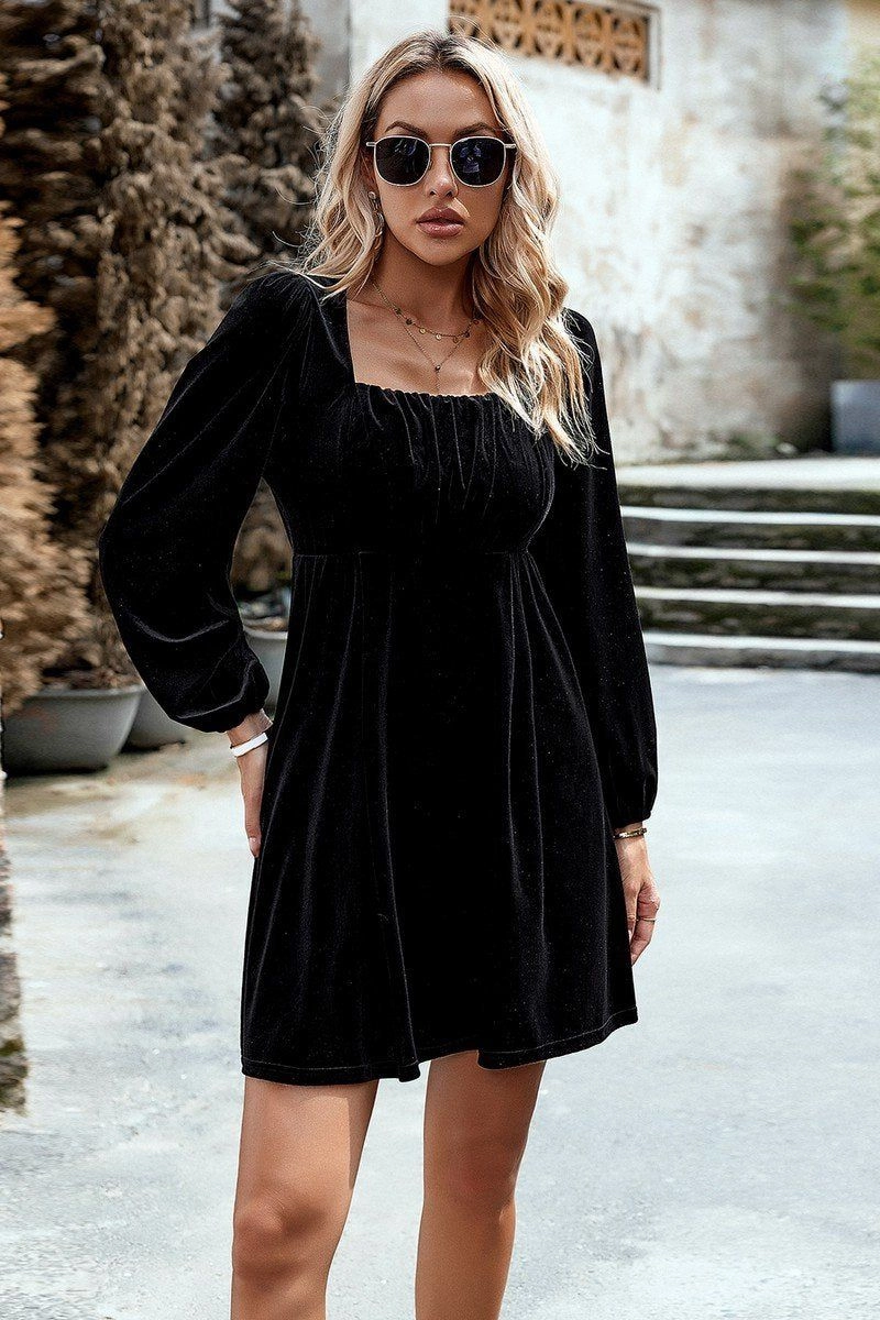 Party outfit VELVET SQUARE NECK FLUTTER PUFF SLEEVE DRESS
