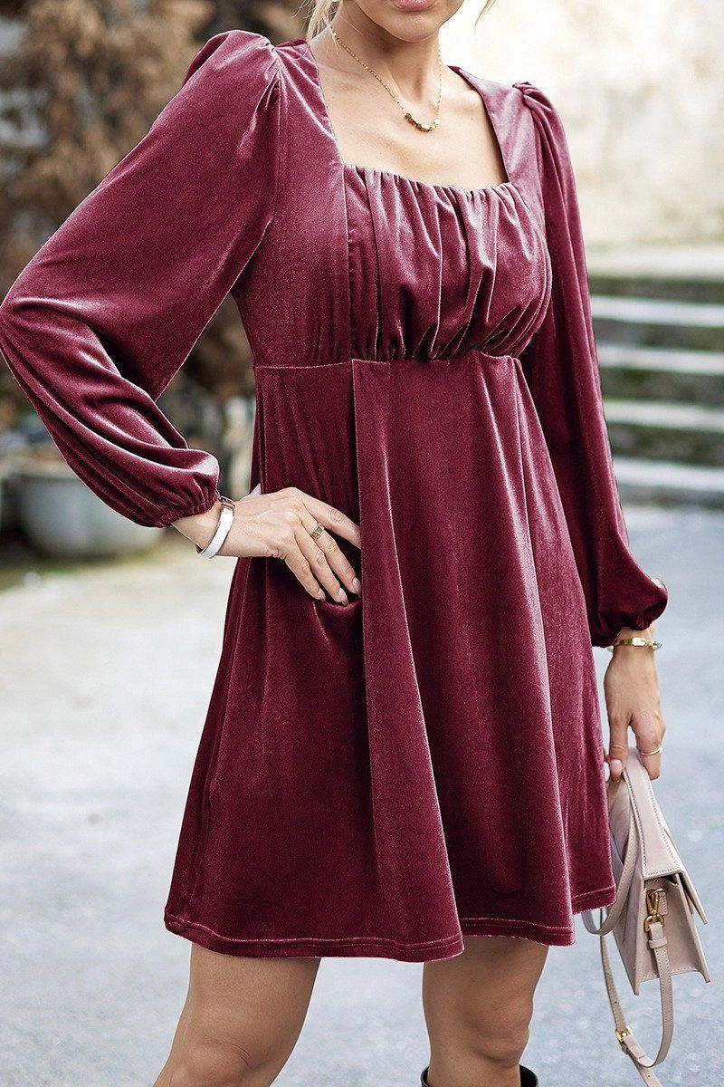 Tear-resistant VELVET SQUARE NECK FLUTTER PUFF SLEEVE DRESS