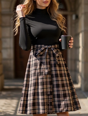 Matte-finish Elegant plaid long dress with stand-up collar