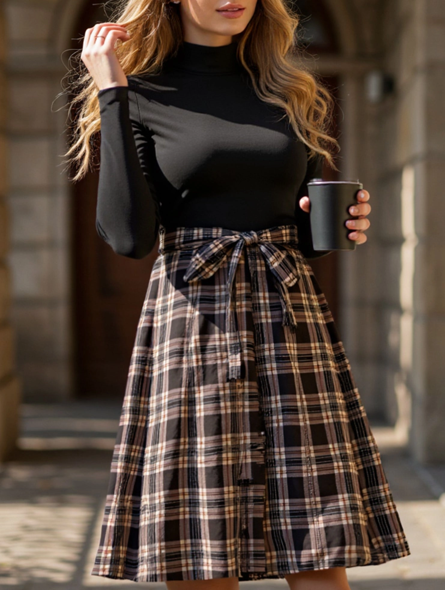 Capsule-Wardrobe Elegant plaid long dress with stand-up collar