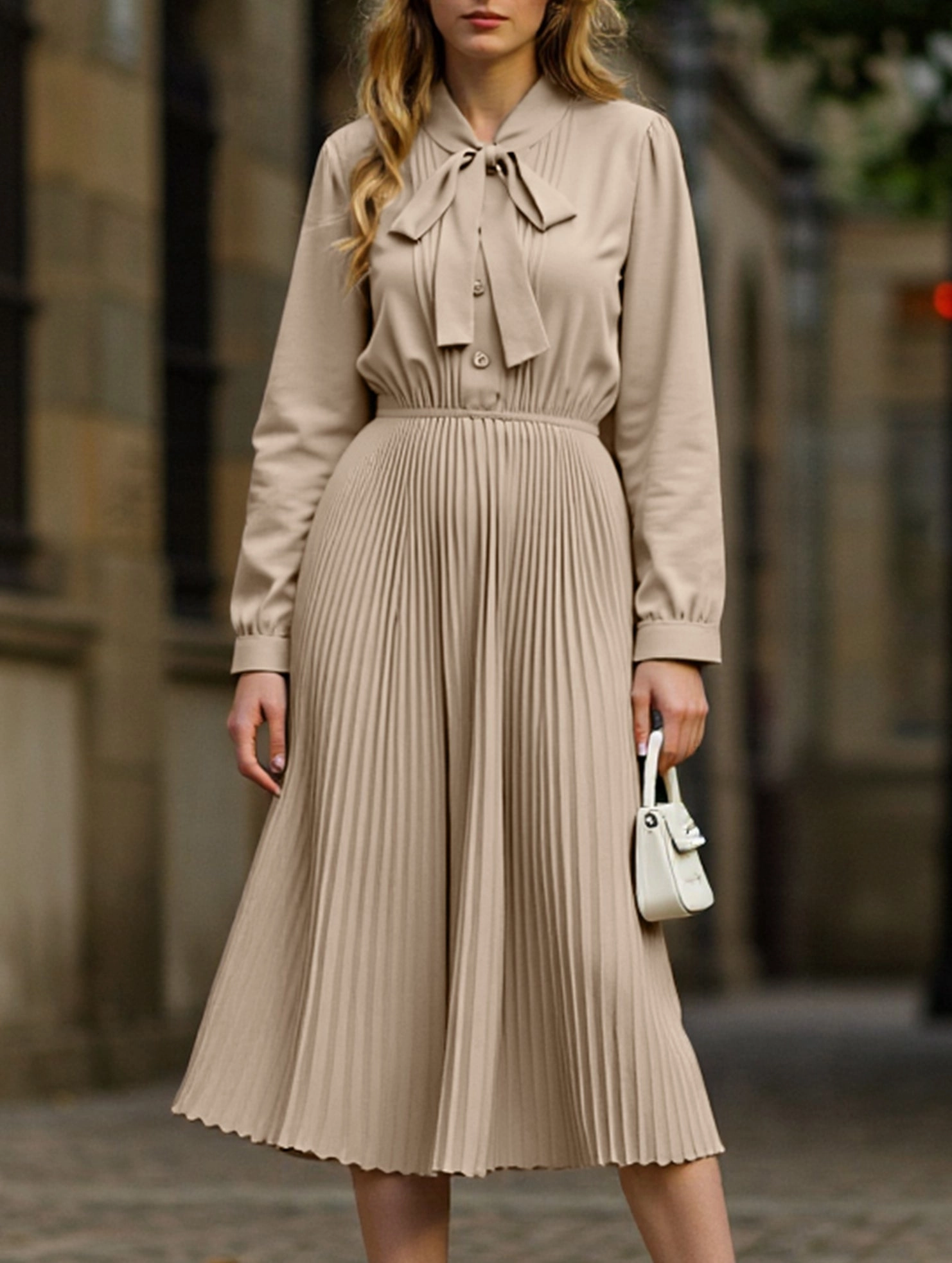 Elegant pleated dress with bow tie collar Movement Feel
