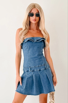 Work It Out Strapless Pleated Ruffle Mini Dress (Denim) Silky Touch Gender Inclusive