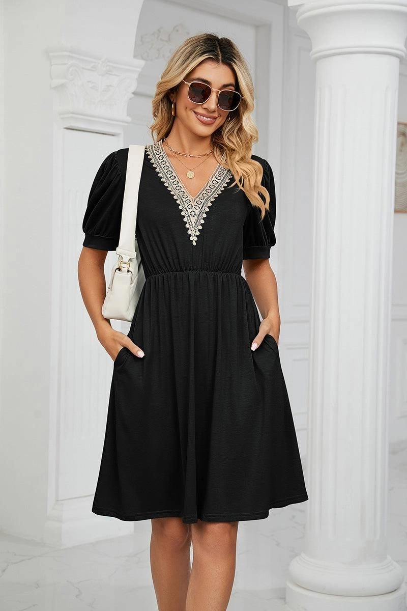 Dual Tones POCKET LACE V NECK BELTED SHORT SLEEVE DRESS