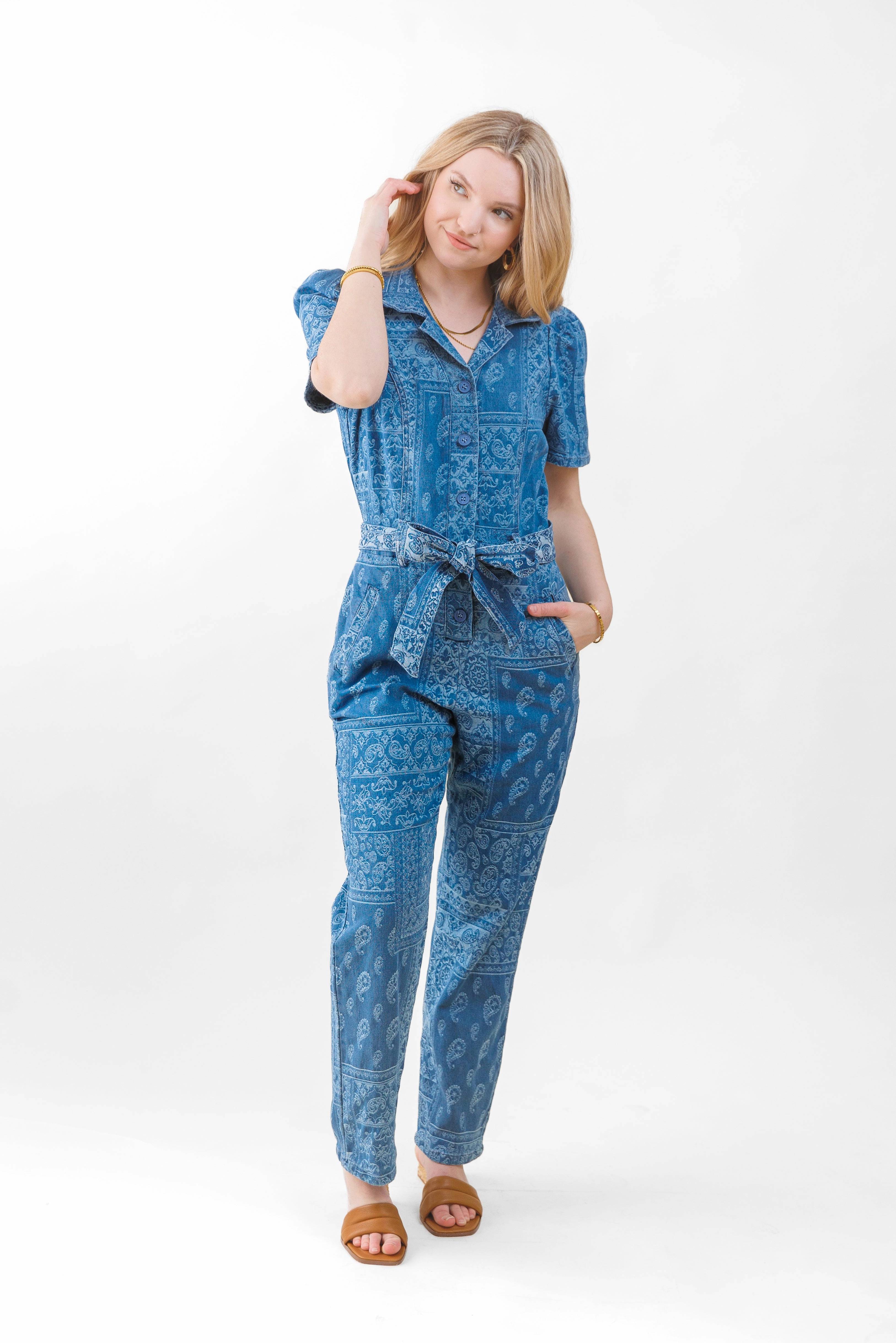 ELIZA DENIM JACQUARD JUMPSUIT Durable Unique Trendy Shopping